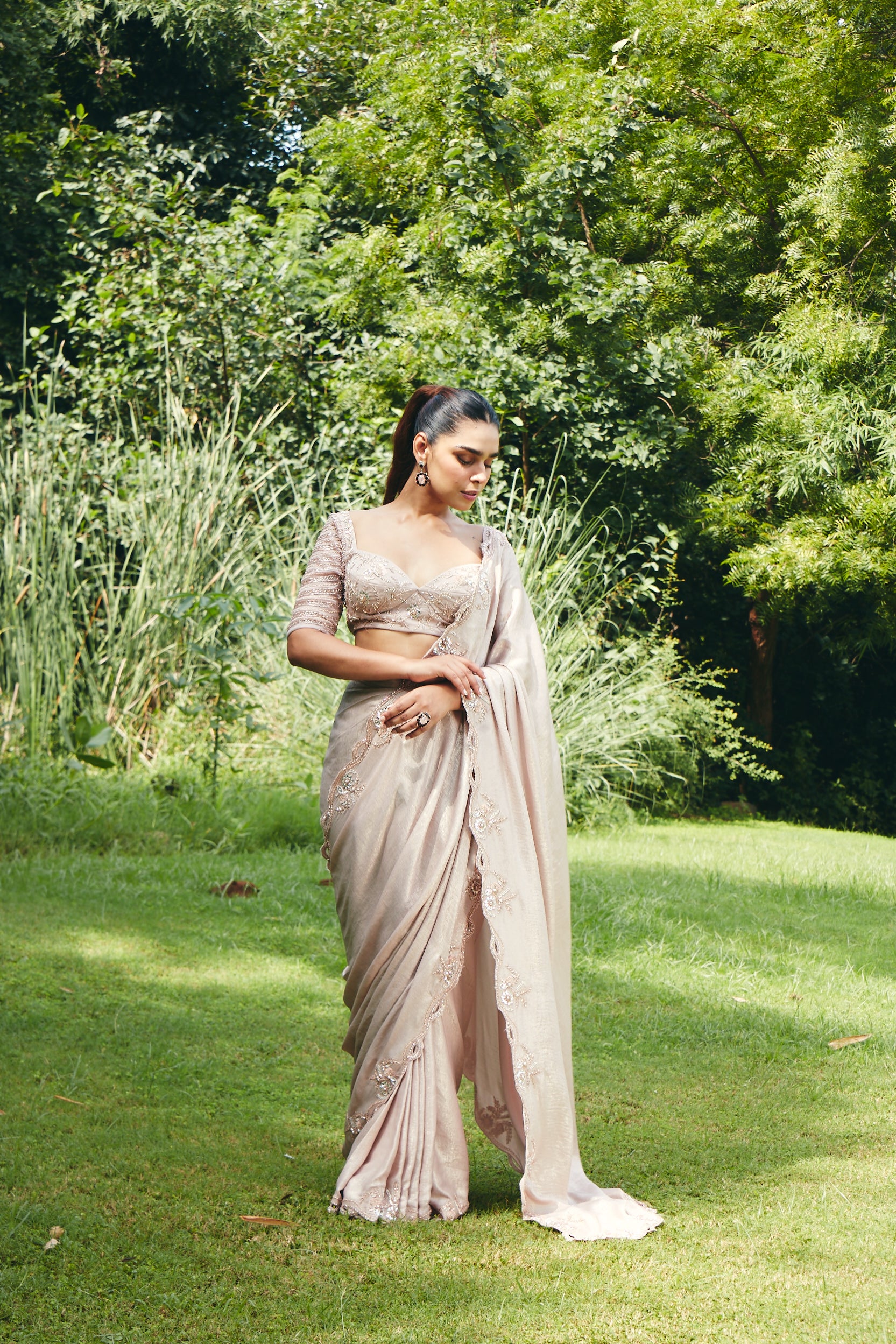 Blush Peach Pre-Draped Saree Set