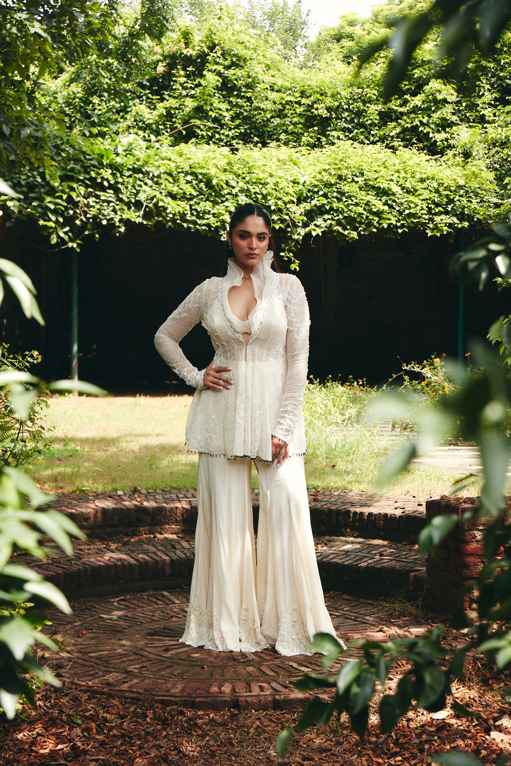 Ivory Ruffle-Collared Sharara Set