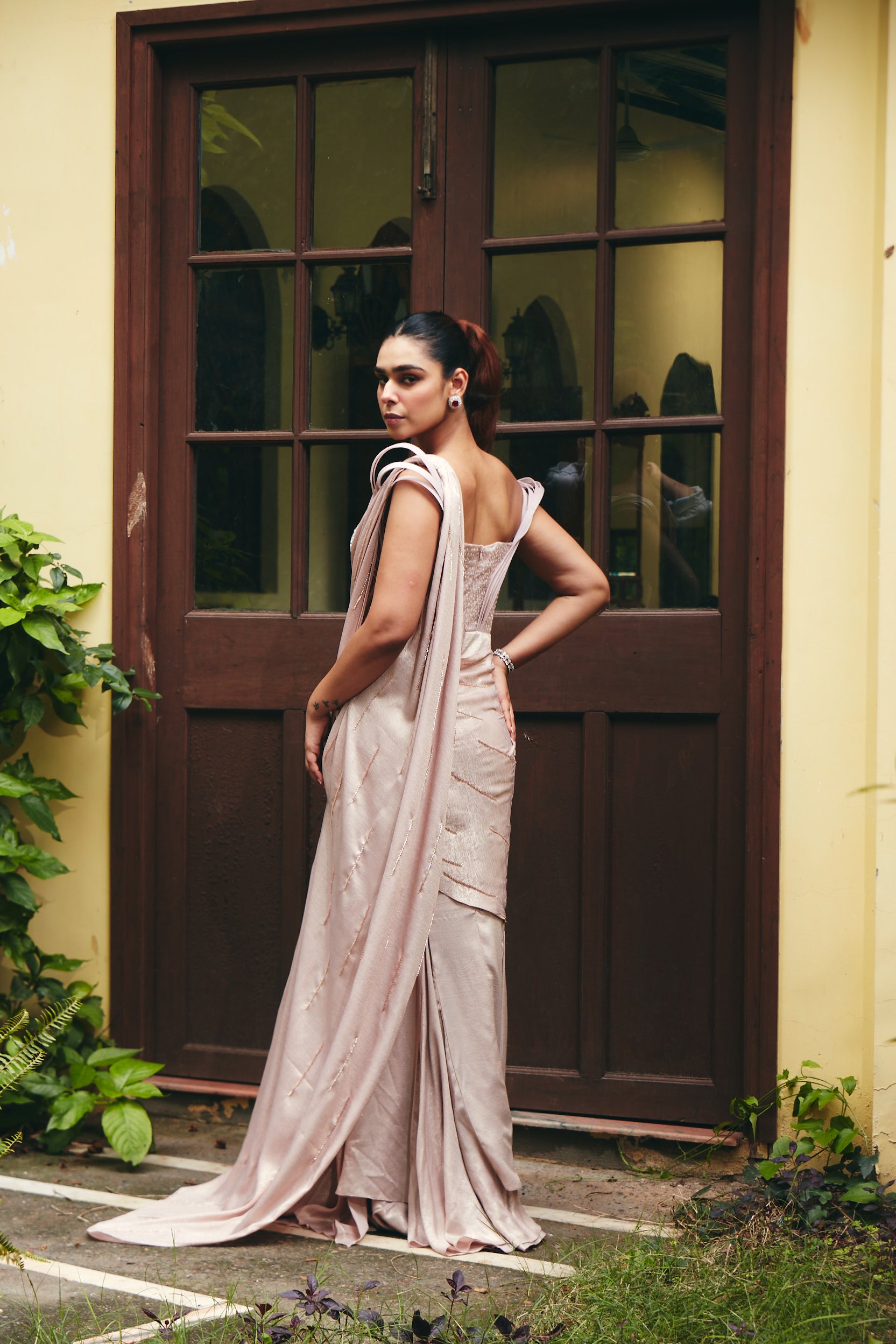 Blush Peach Sculpted Pre-Draped Saree