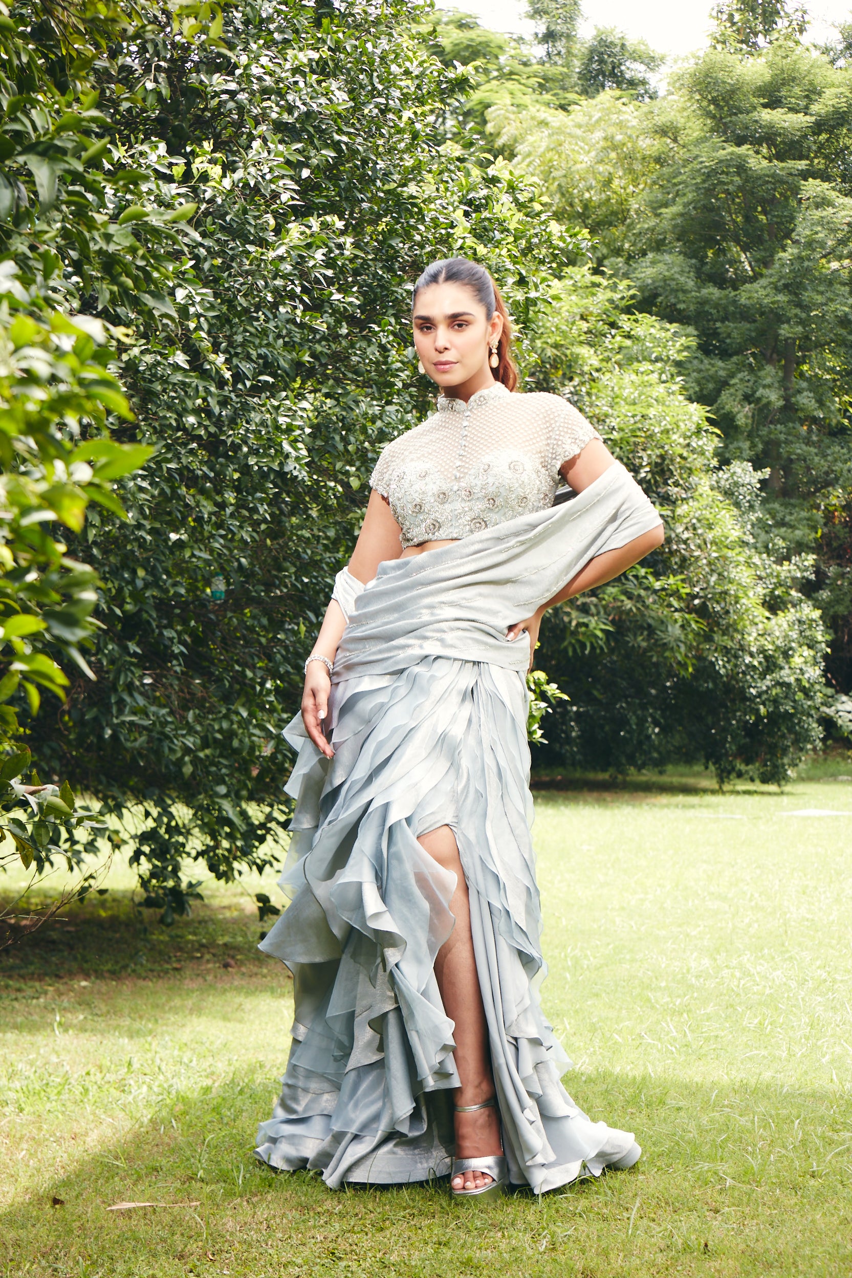 Ice Grey Embroidered Ruffle Gown Set