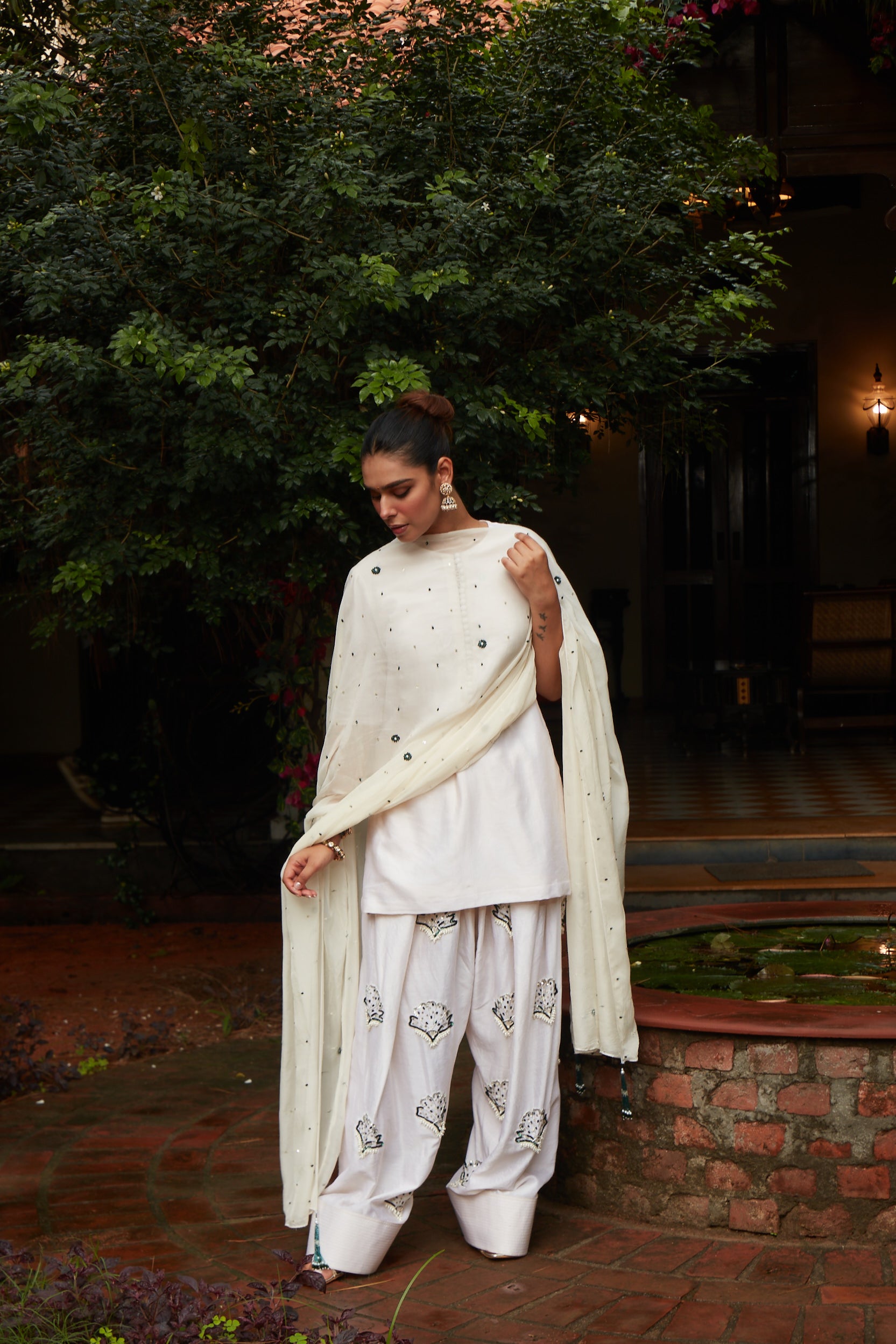 Ivory Mirror Work Kurta Set with Printed Palazzos