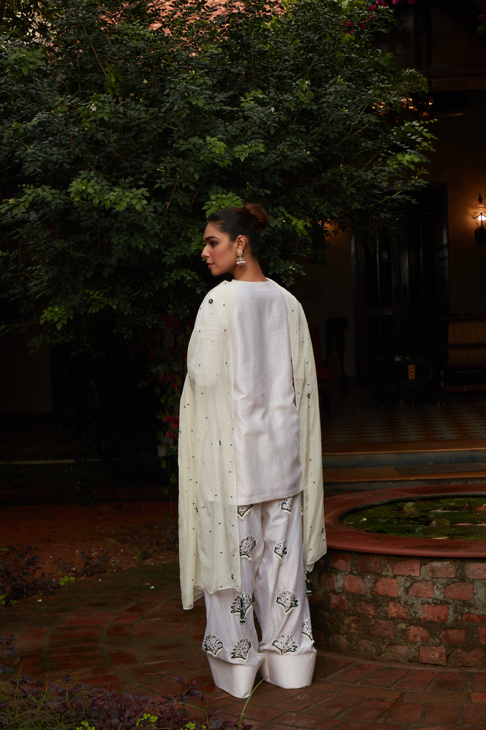Ivory Mirror Work Kurta Set with Printed Palazzos