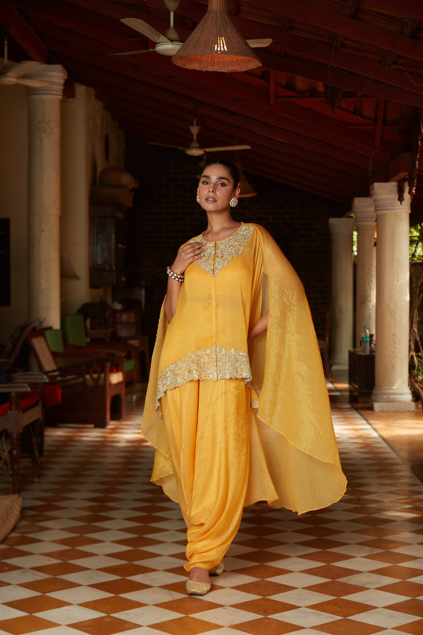 Canary Yellow Embroidered Cape Set