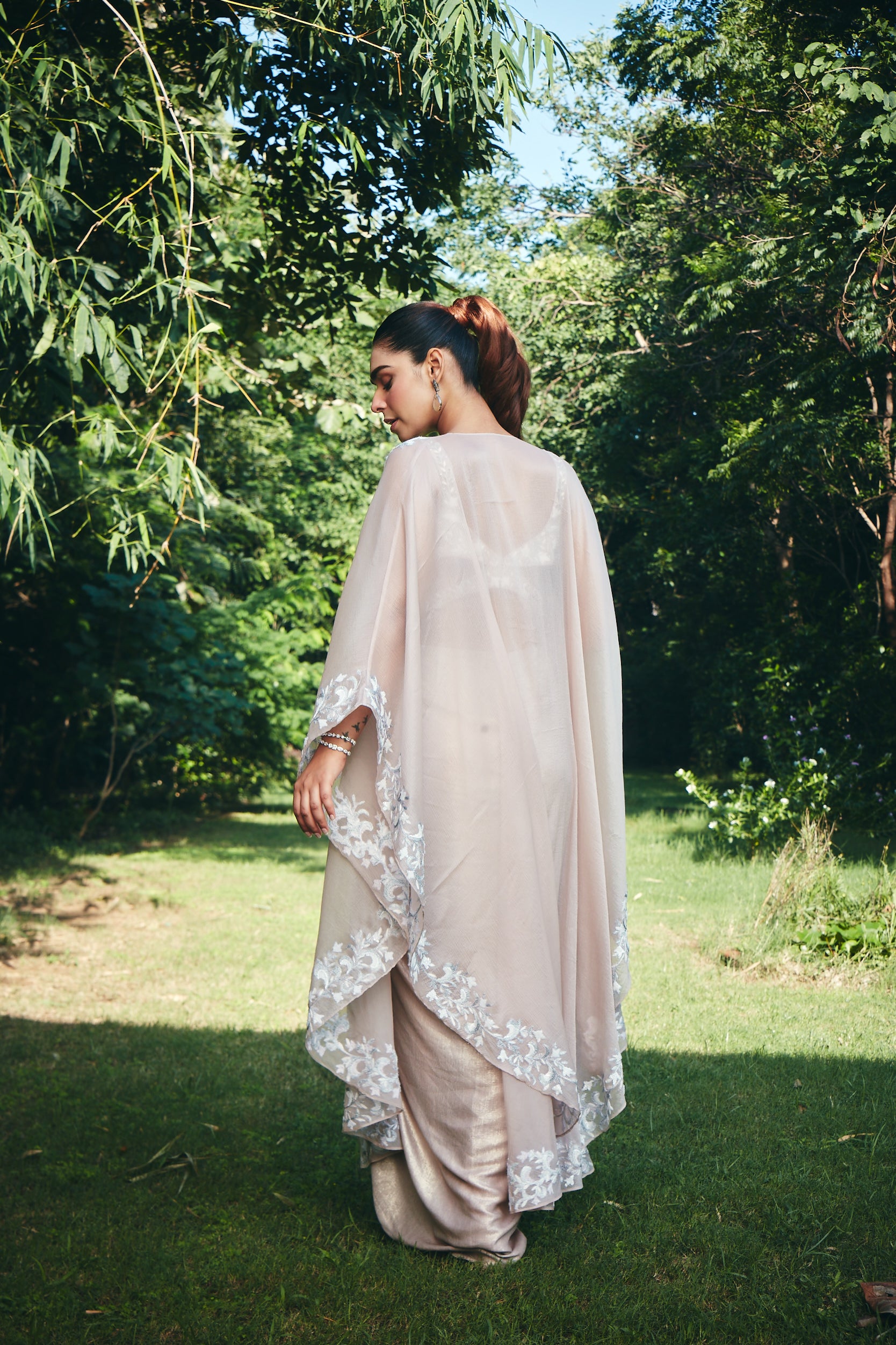 Blush Peach Cape Set with Pre-Draped Skirt