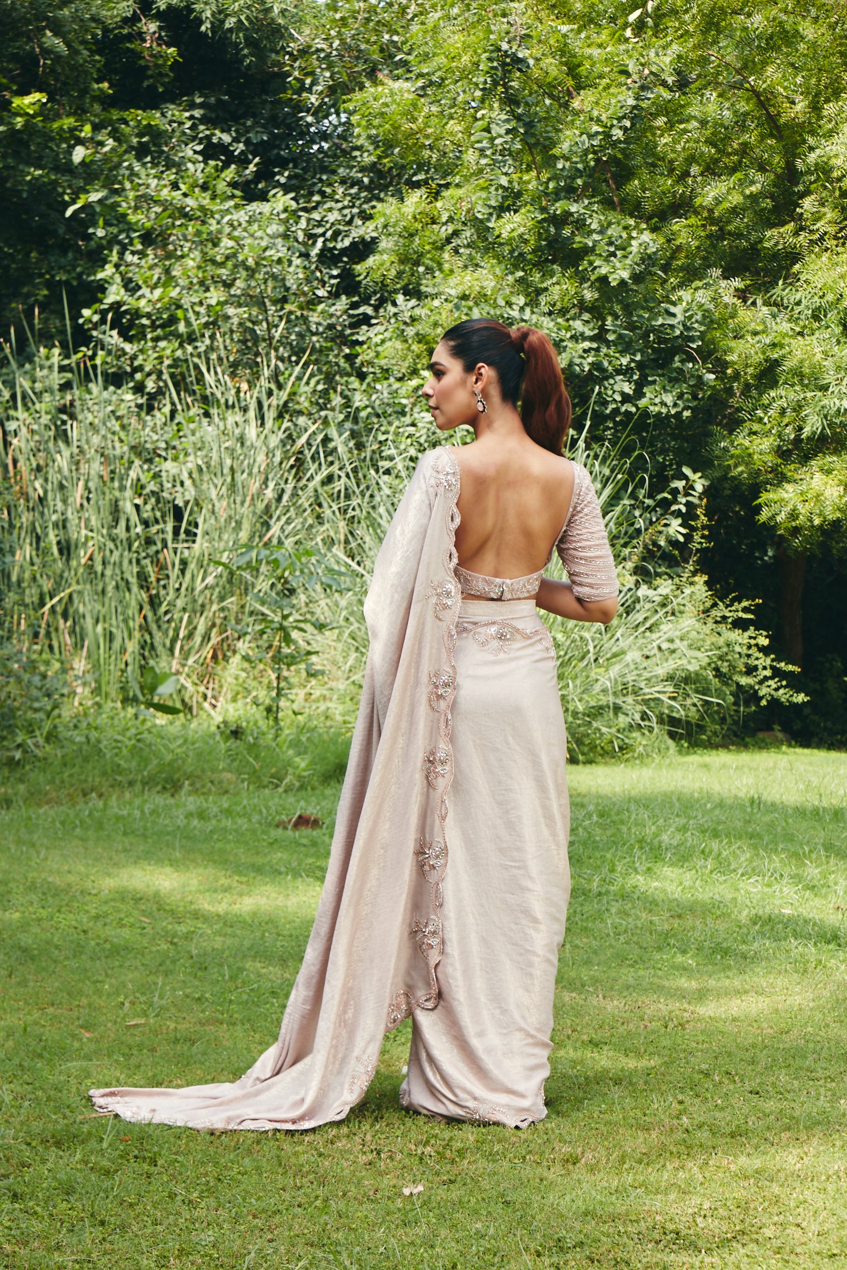 Blush Peach Pre-Draped Saree Set
