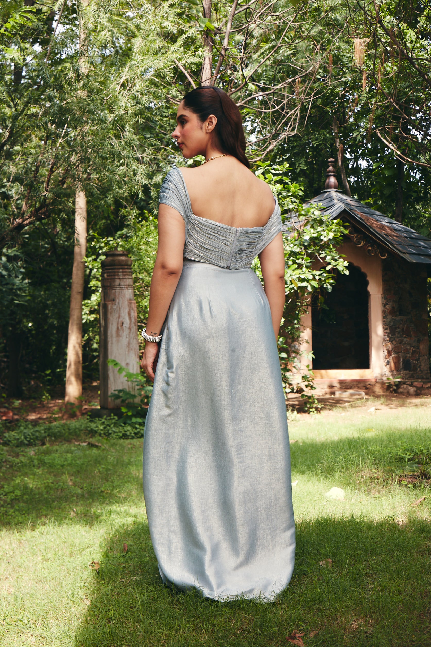 Ice Grey Off-Shoulder Skirt Set