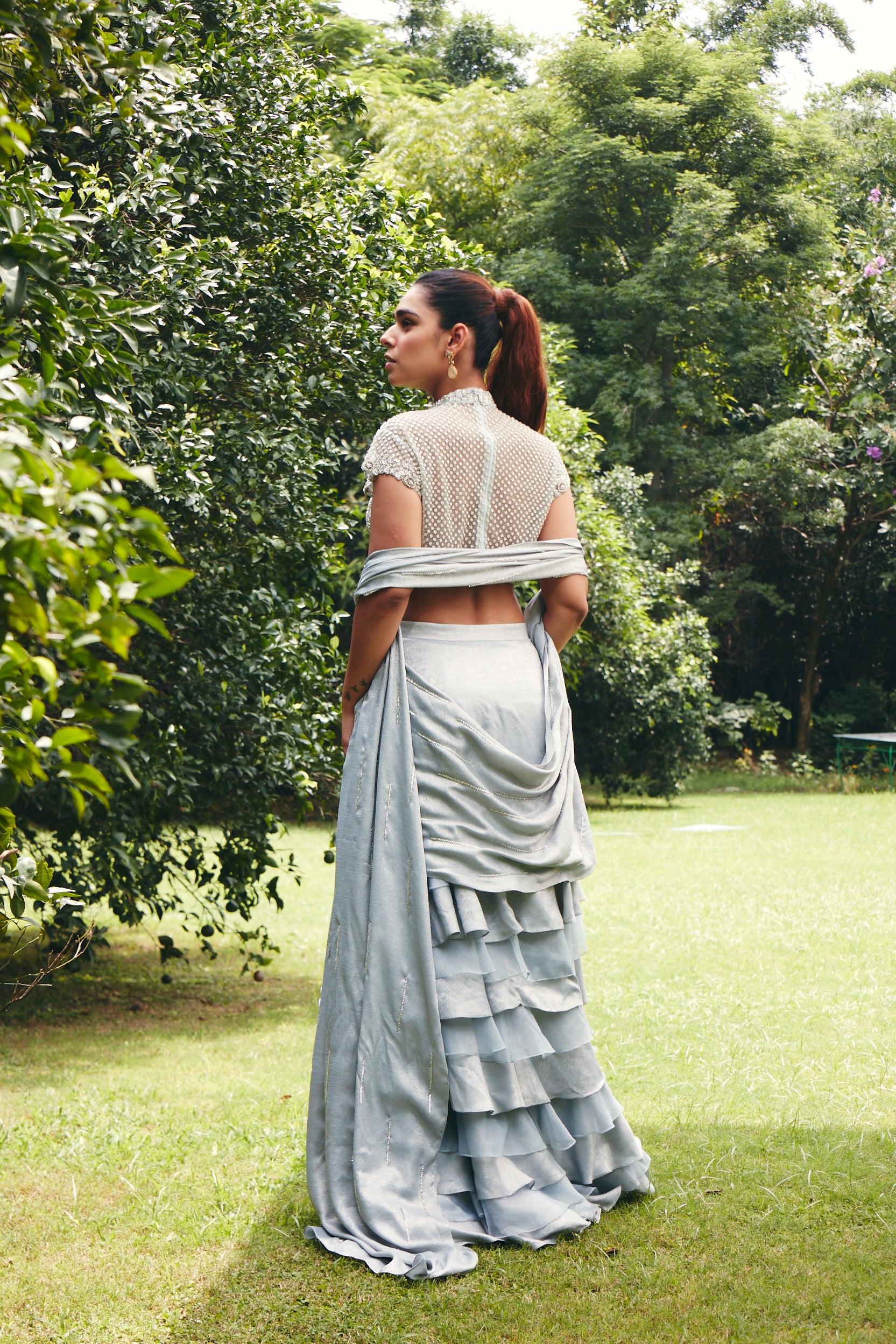 Ice Grey Embroidered Ruffle Gown Set