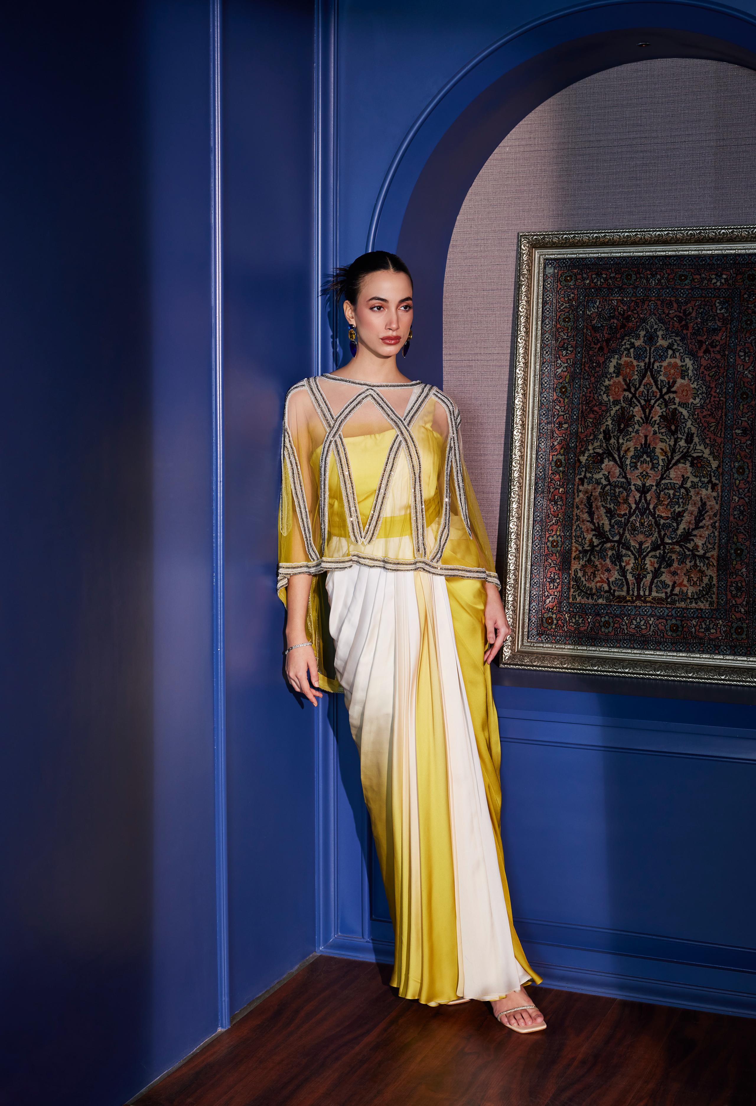 Acid Yellow Ombre Draped Saree Comes With Crystal Embellished Cape