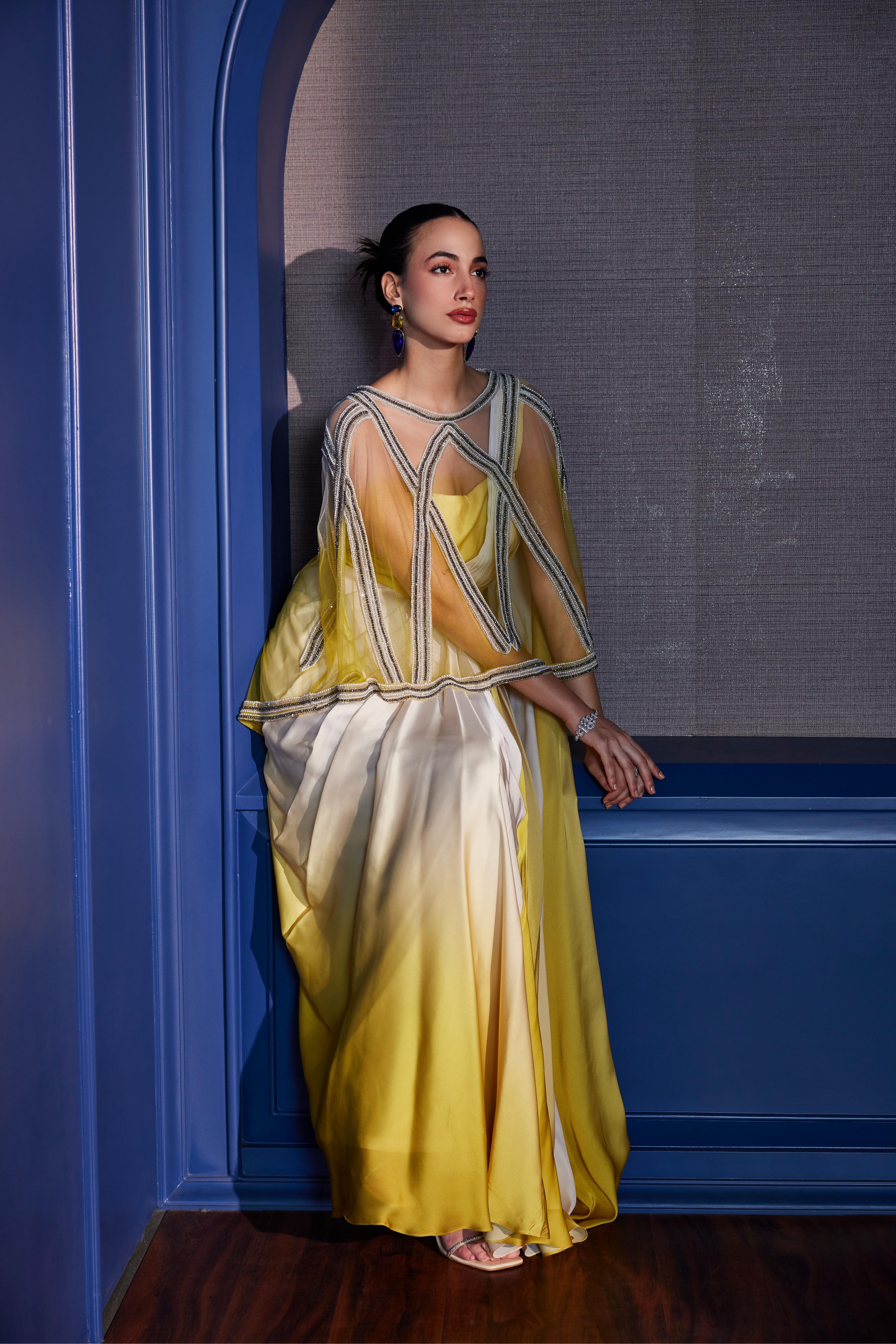 Acid Yellow Ombre Draped Saree Comes With Crystal Embellished Cape