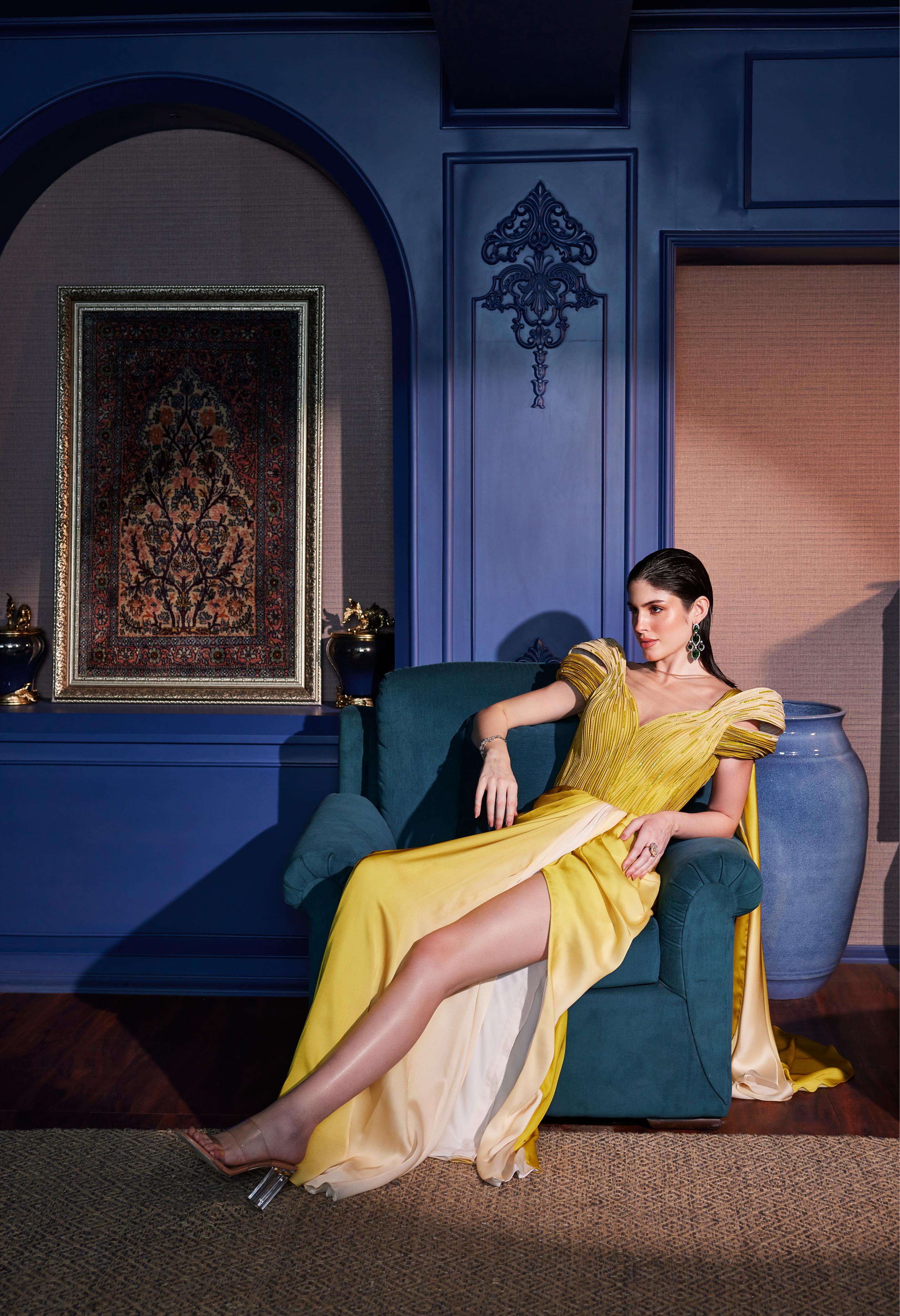 Acid Yellow Ombre Draped Sculpted Saree