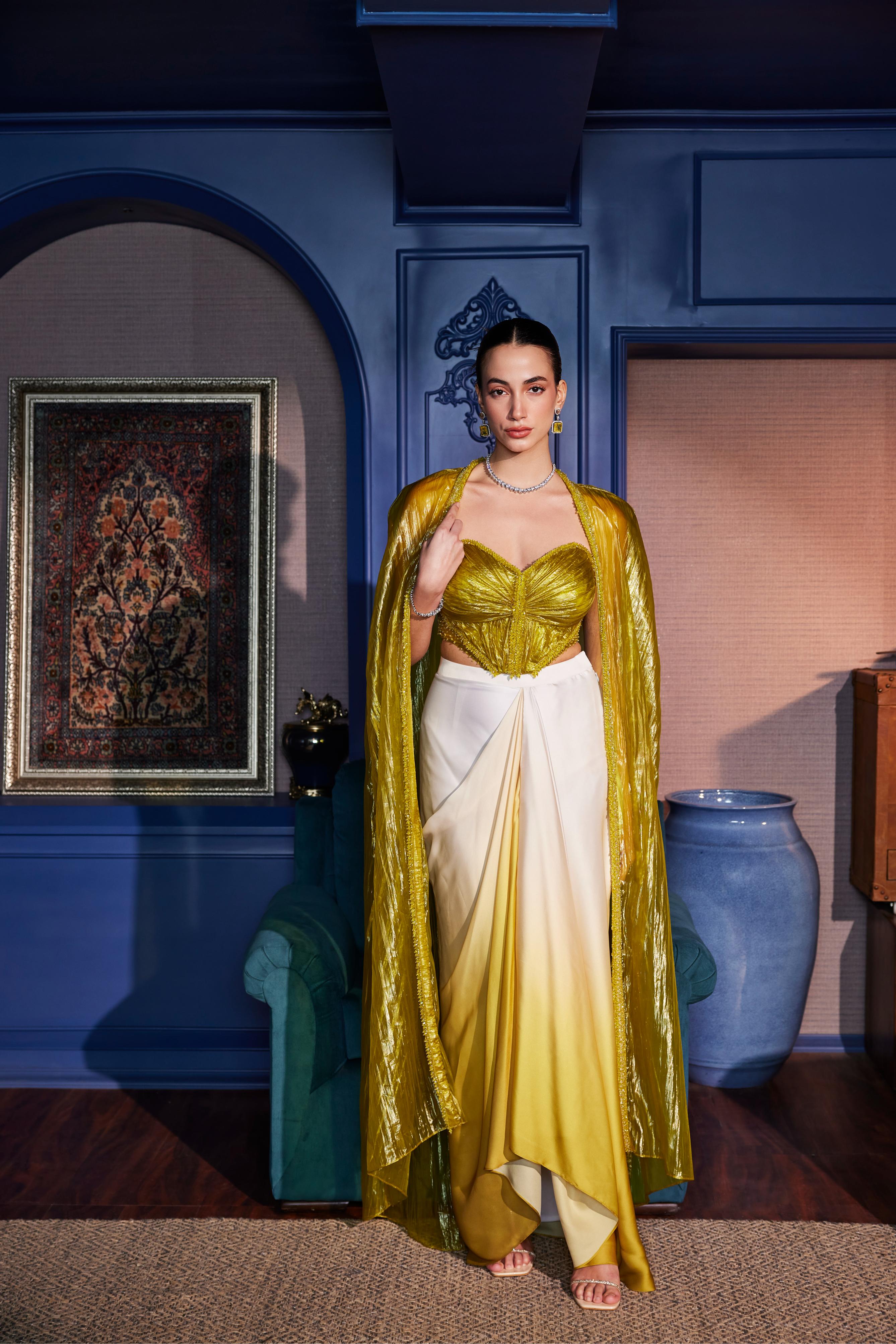 Acid Yellow Corseted Blouse With Ombre Asymmetrical Skirt & Sheer Cape
