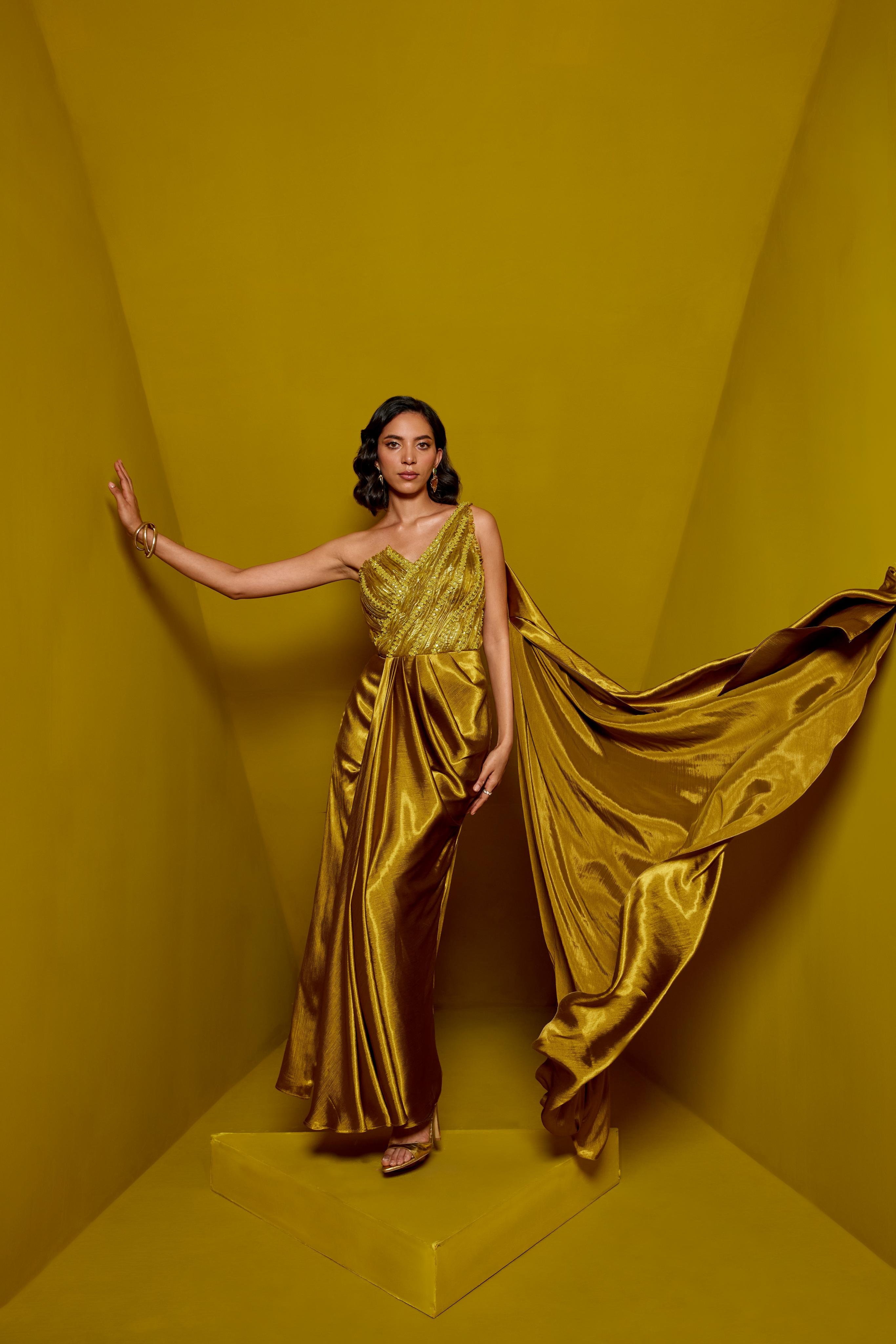 Acid Yellow Drape Saree