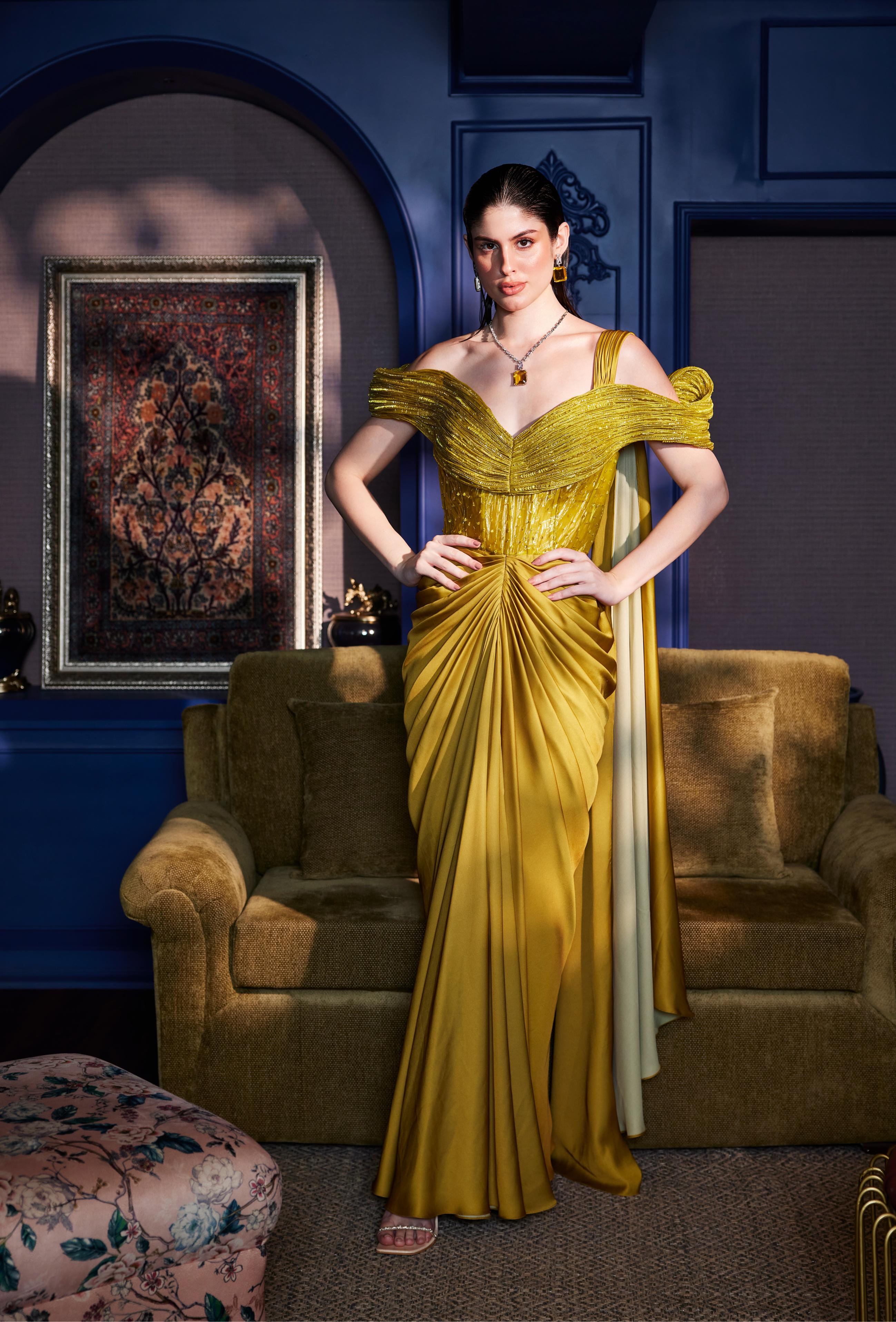 Acid Yellow Ombre Draped Structured Saree