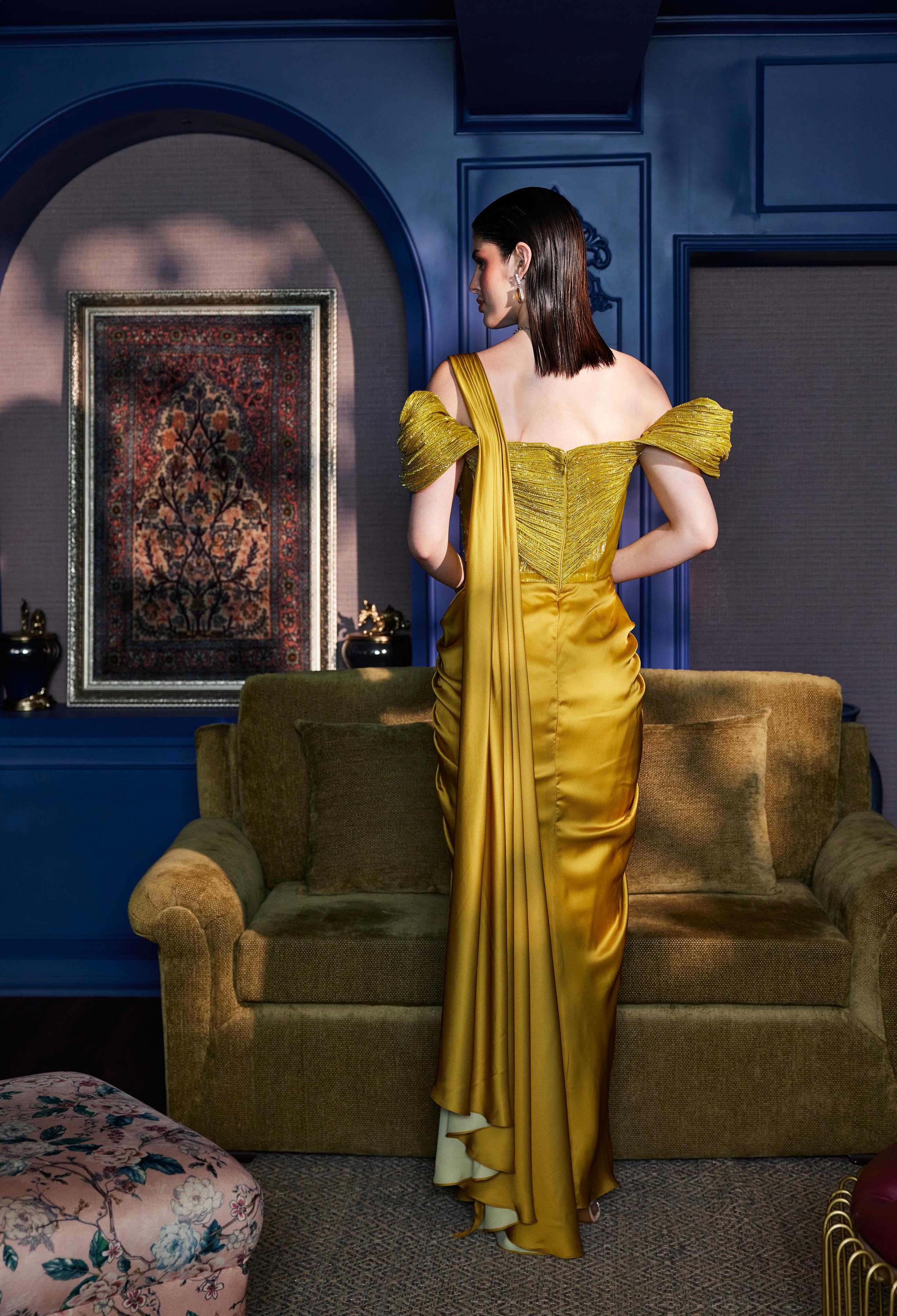 Acid Yellow Ombre Draped Structured Saree