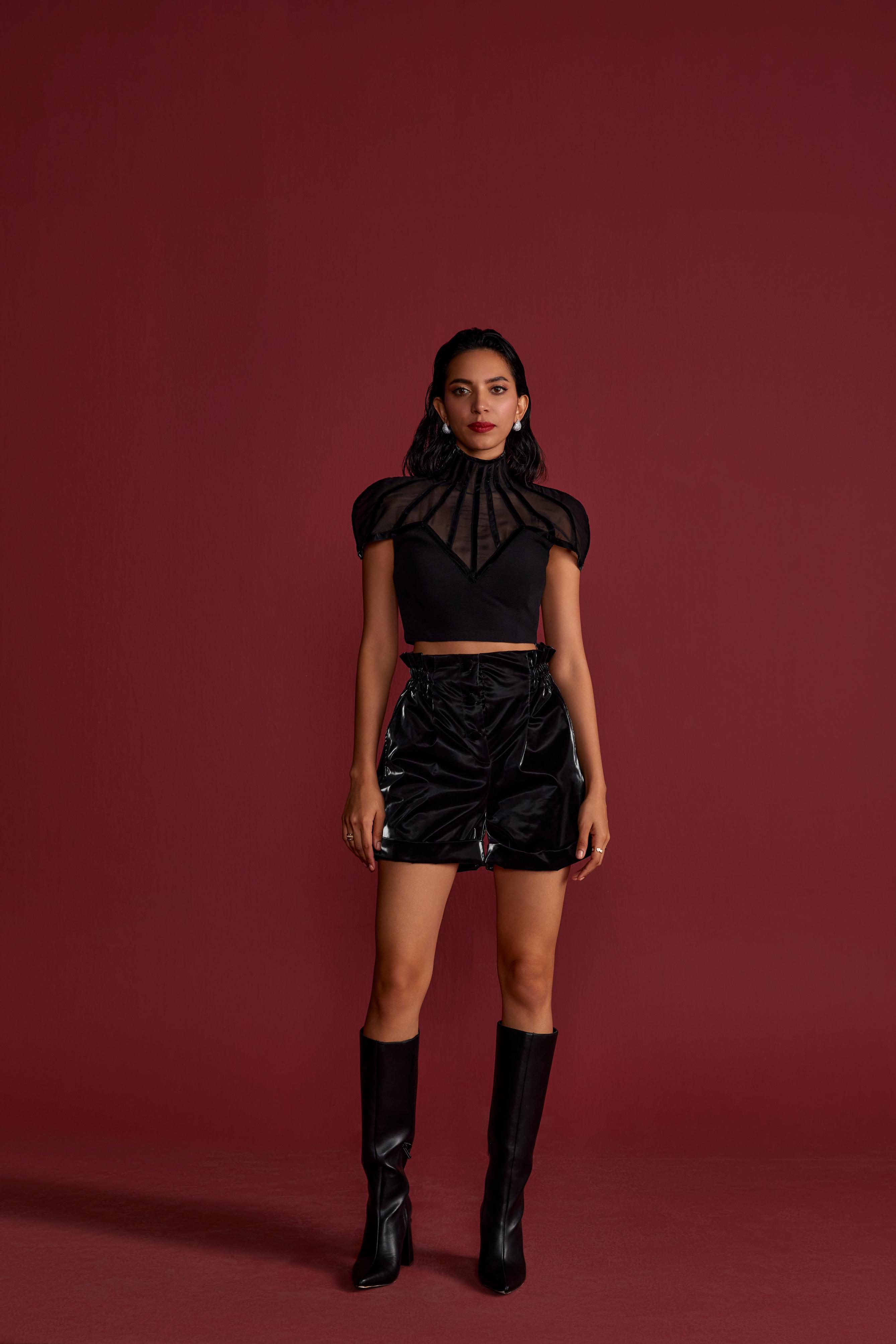 Black Crop Top with Mesh Detailing