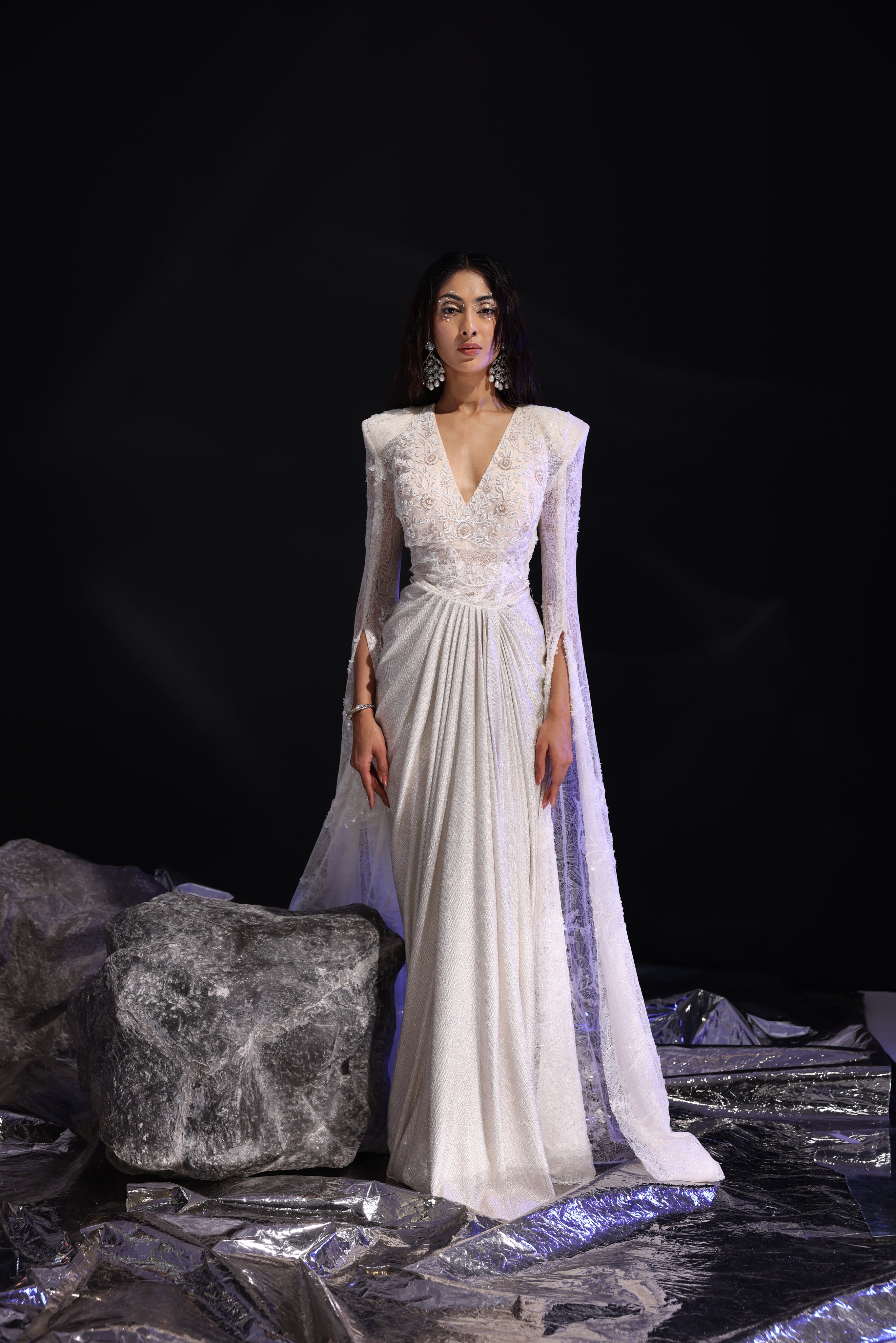 Ivory cape sleeve draped saree