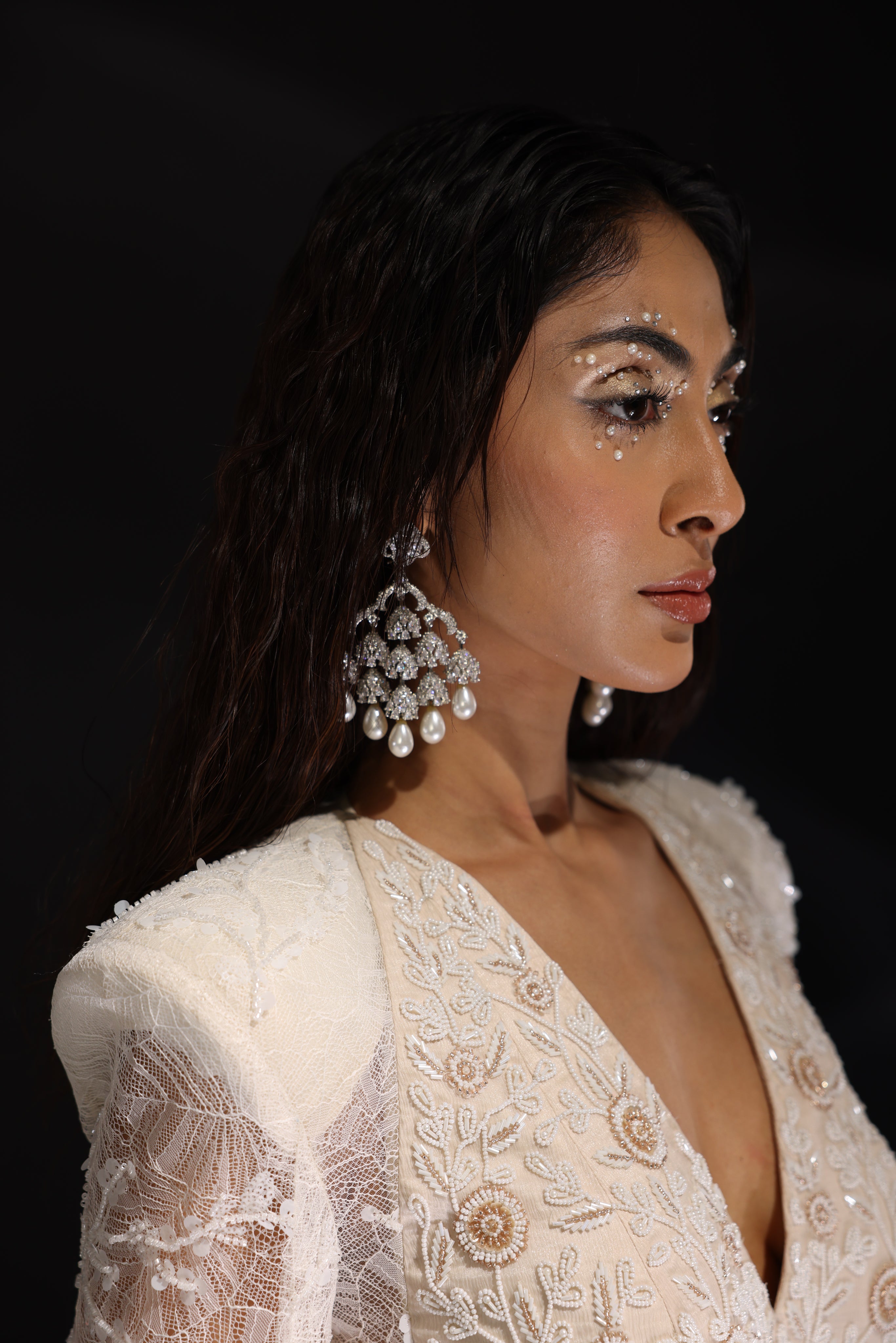Ivory cape sleeve draped saree