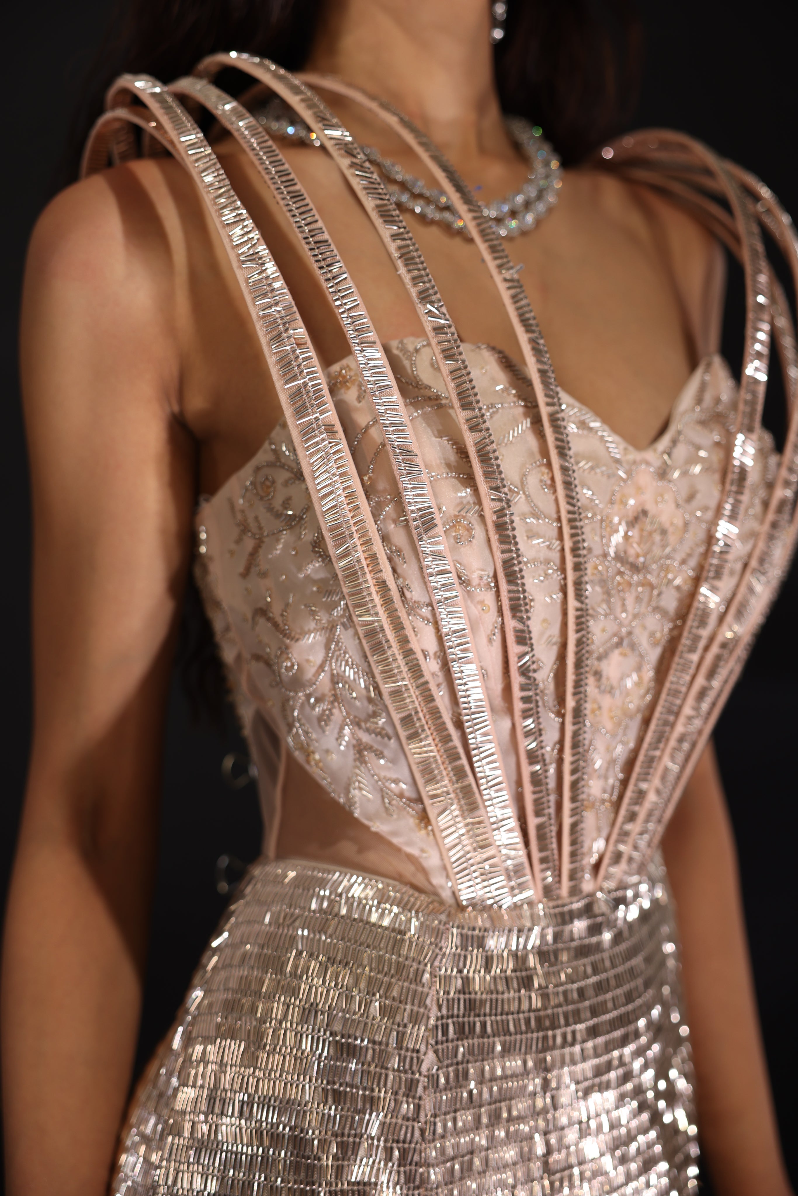Blush Gold structured corseted fish cut gown