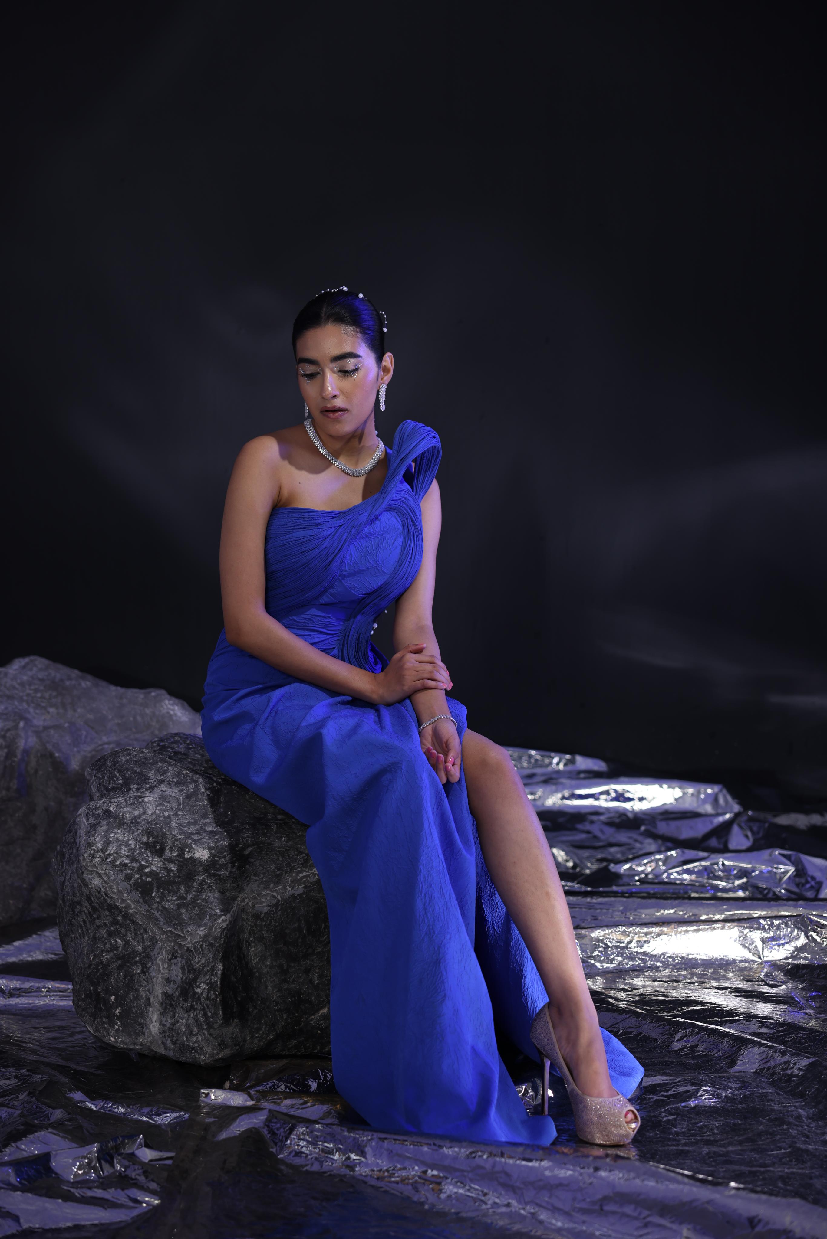 Abyss blue one shoulder sculpted gown