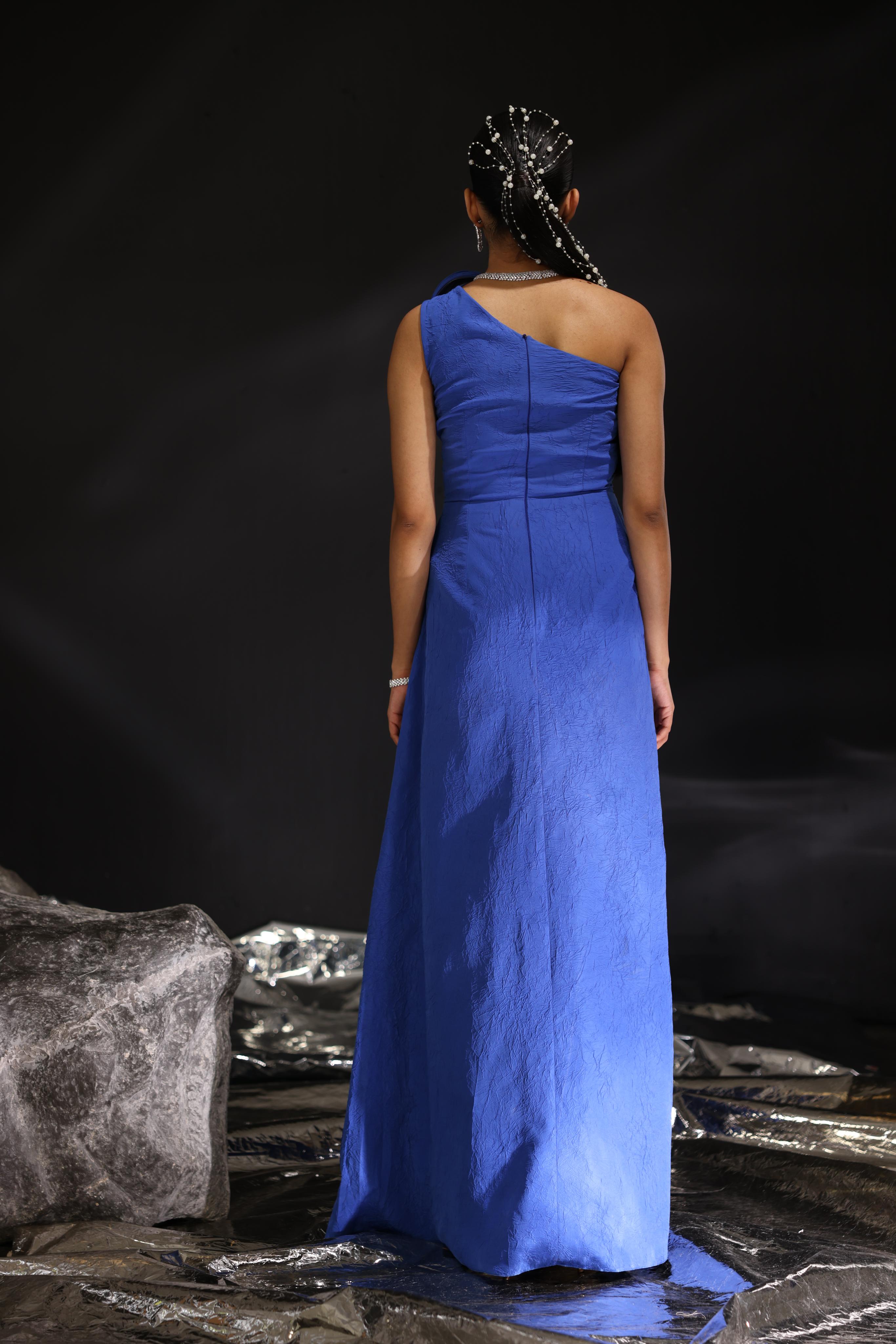 Abyss blue one shoulder sculpted gown