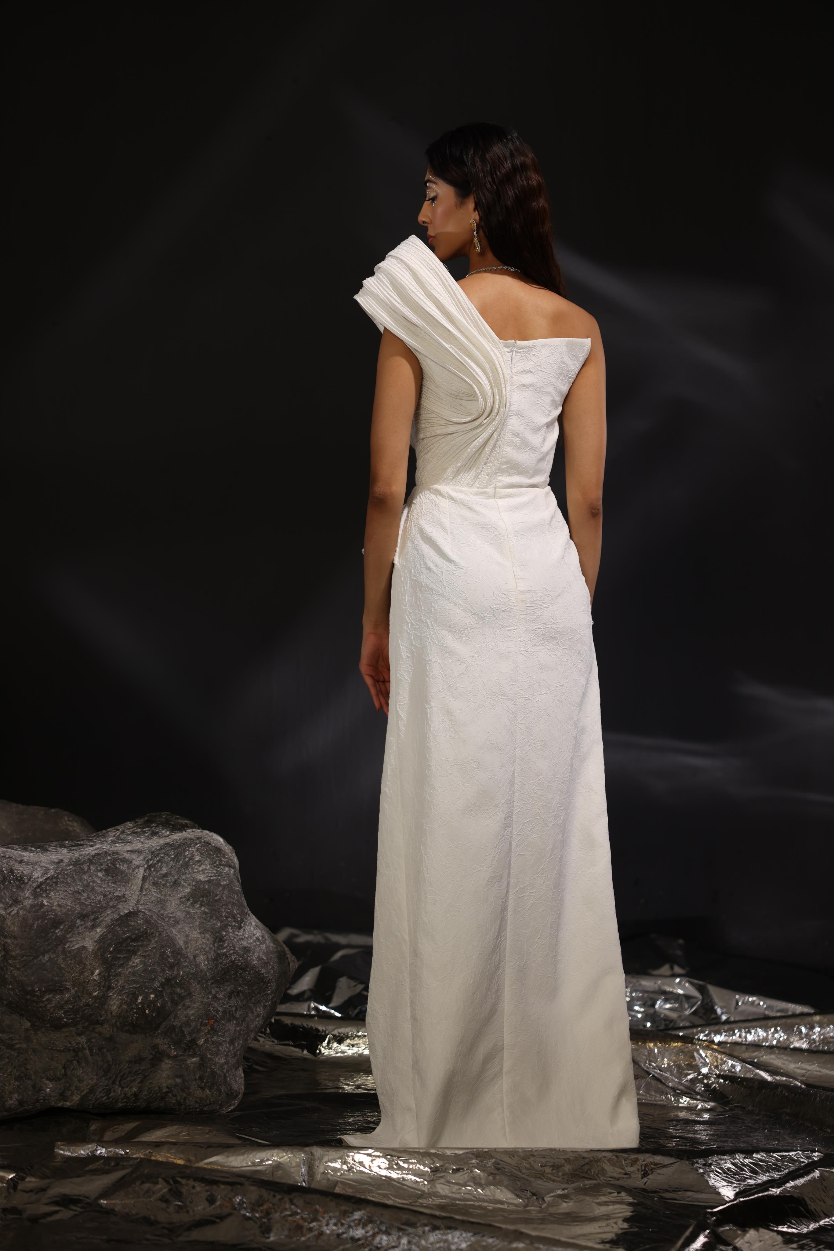 Ivory one shoulder sculpted gown