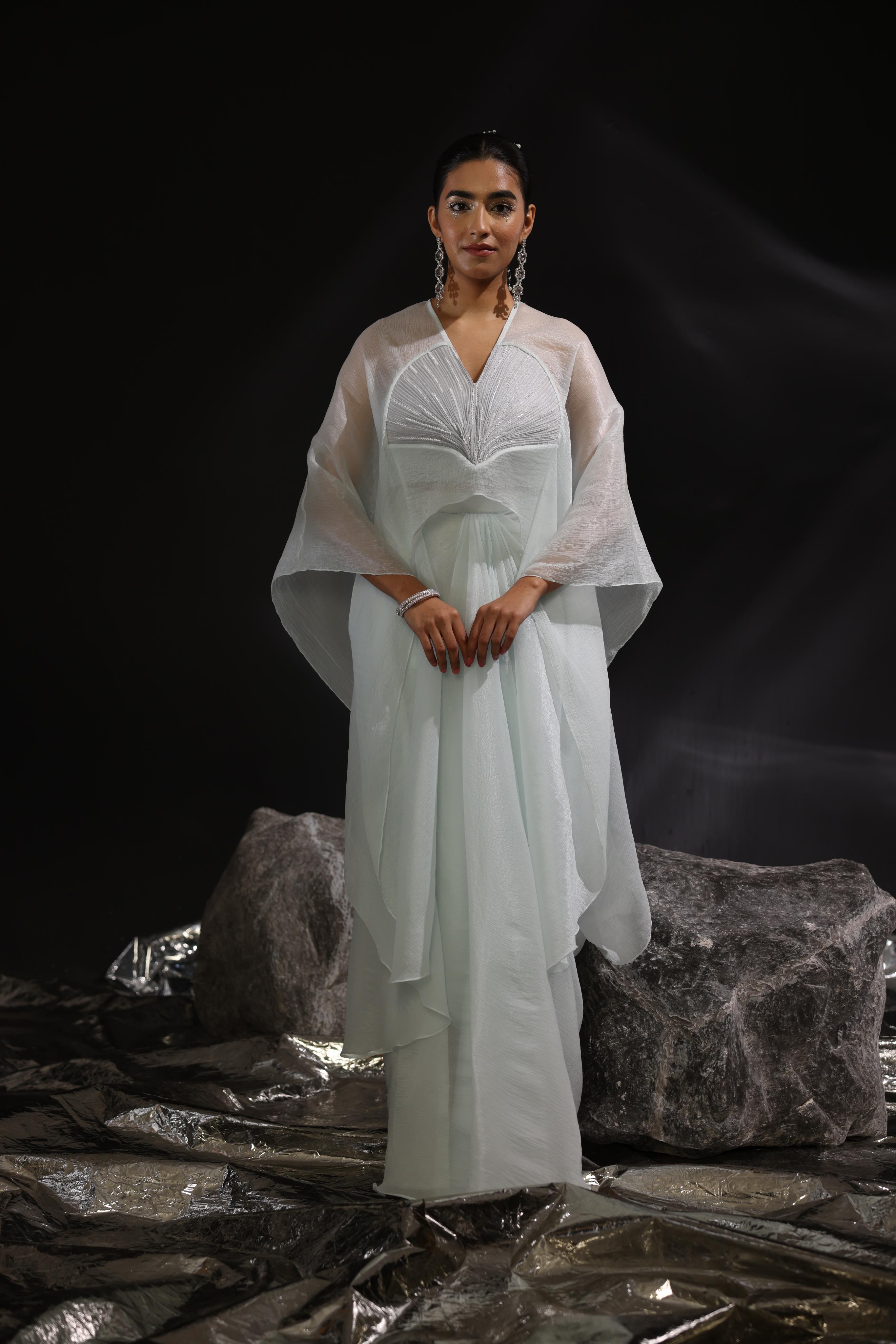 Moss green & Ivory embroidered yoke kaftan