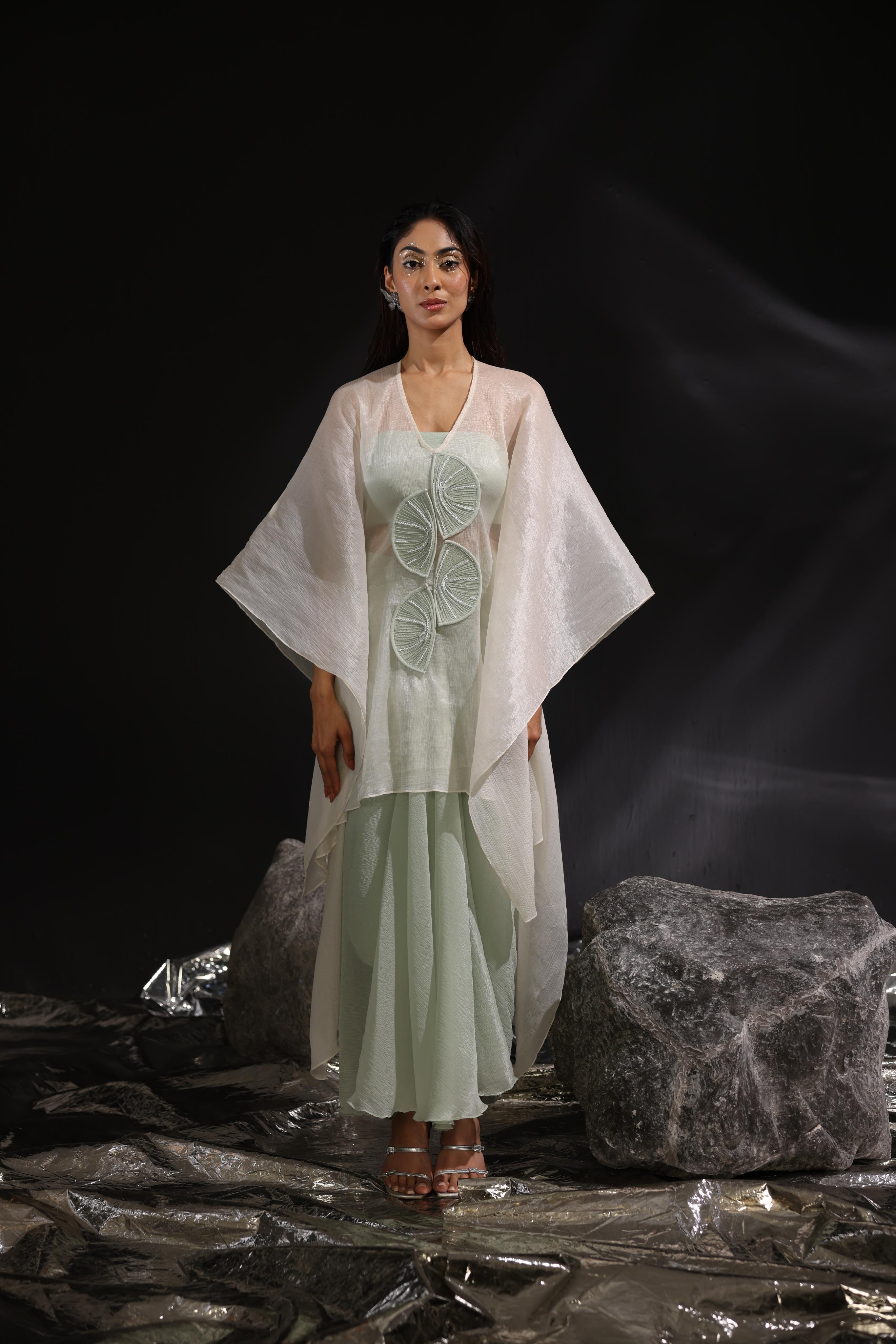 Moss green & Ivory embroidered yoke kaftan