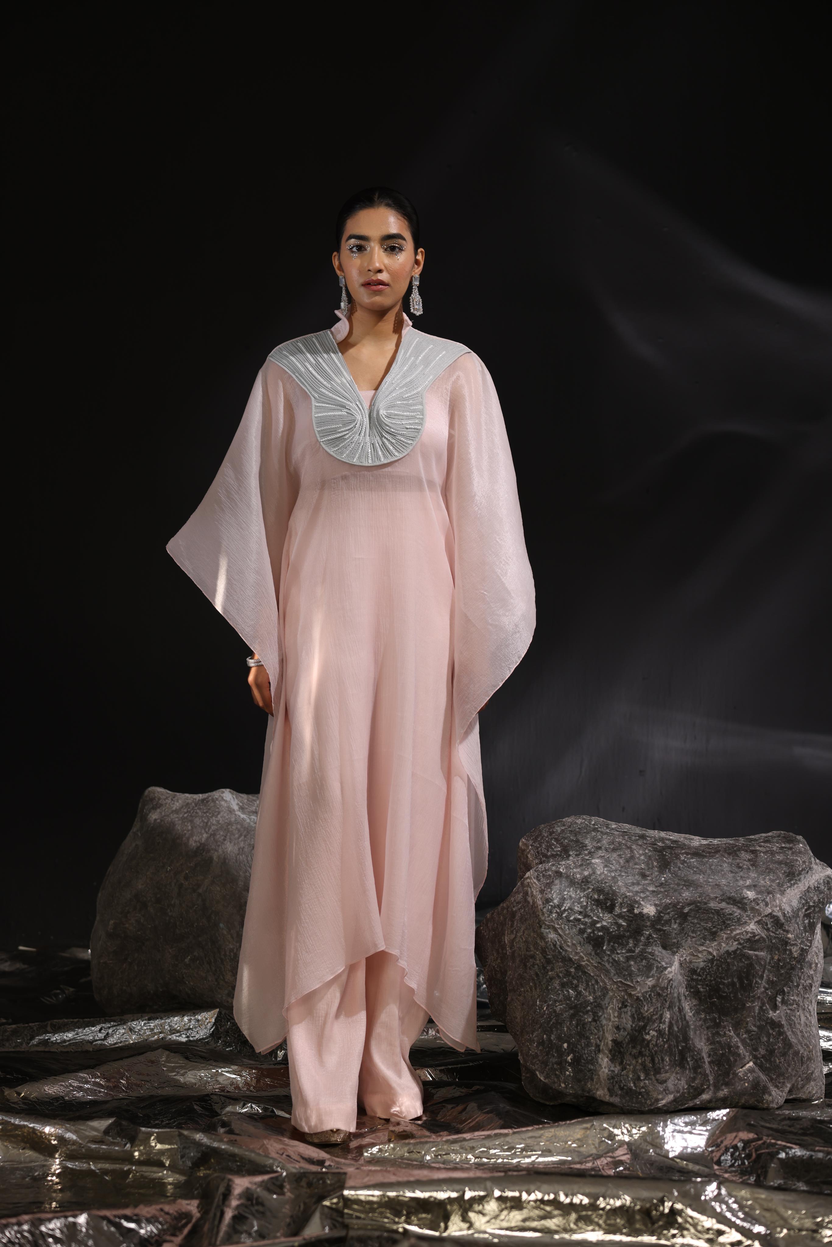 Blush pink & ash grey embroidered yoke kaftan