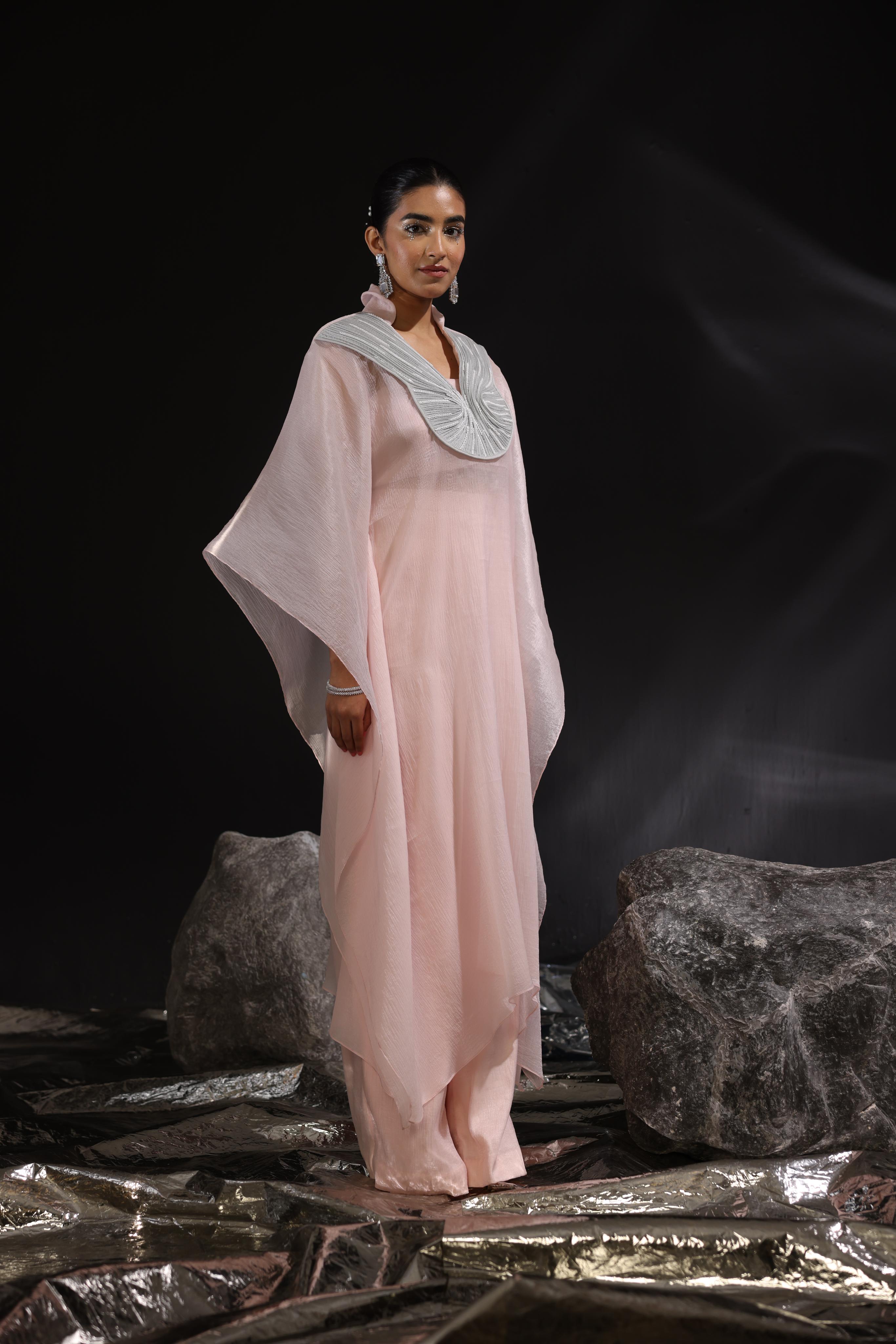 Blush pink & ash grey embroidered yoke kaftan