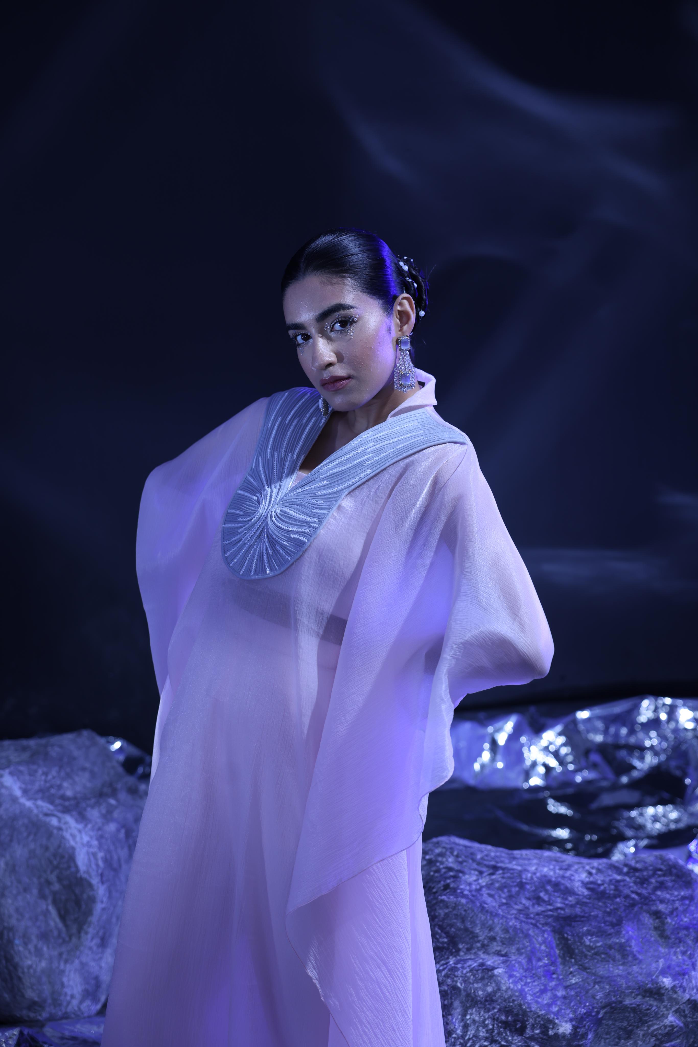 Blush pink & ash grey embroidered yoke kaftan