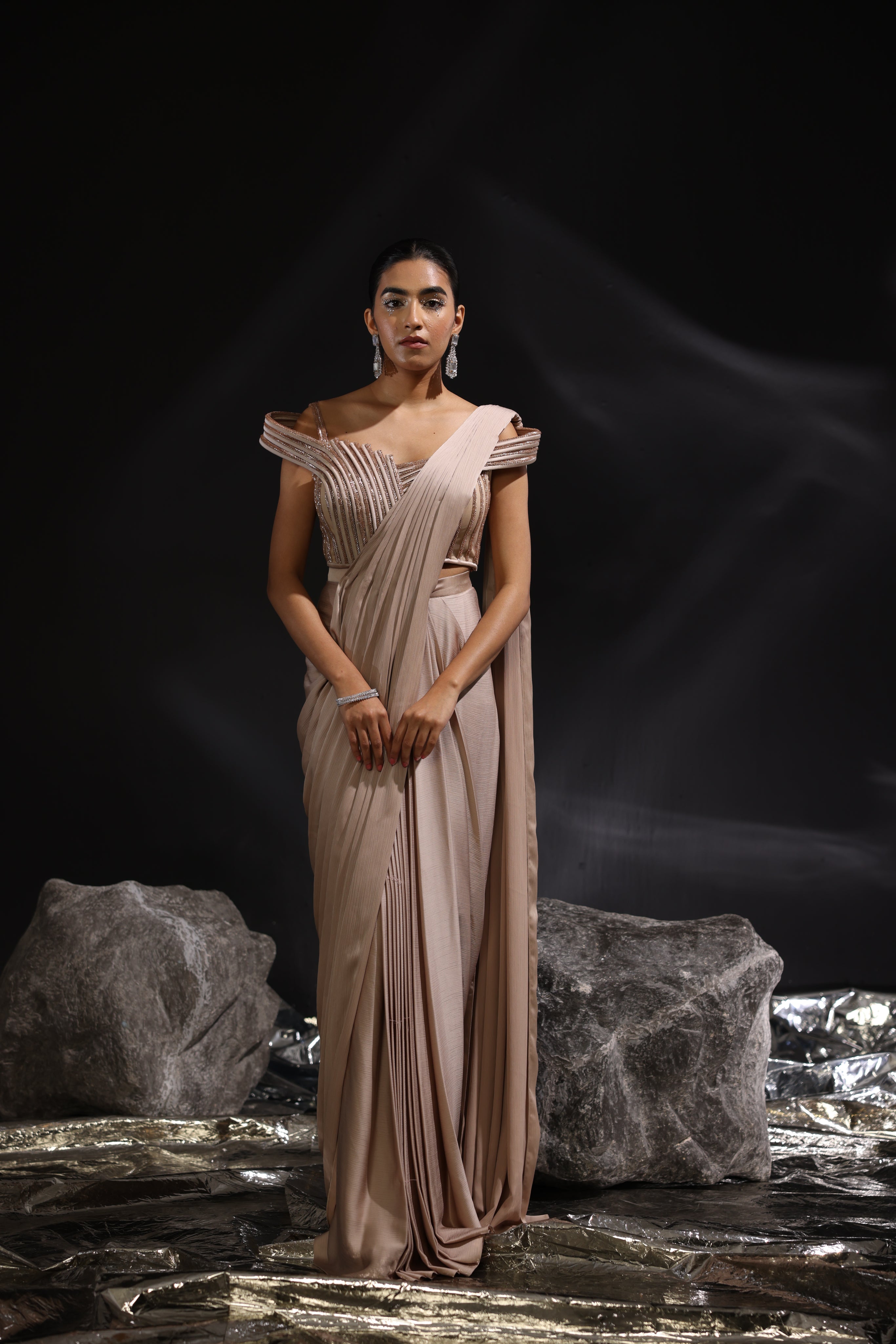 Mocha embellished pre draped saree
