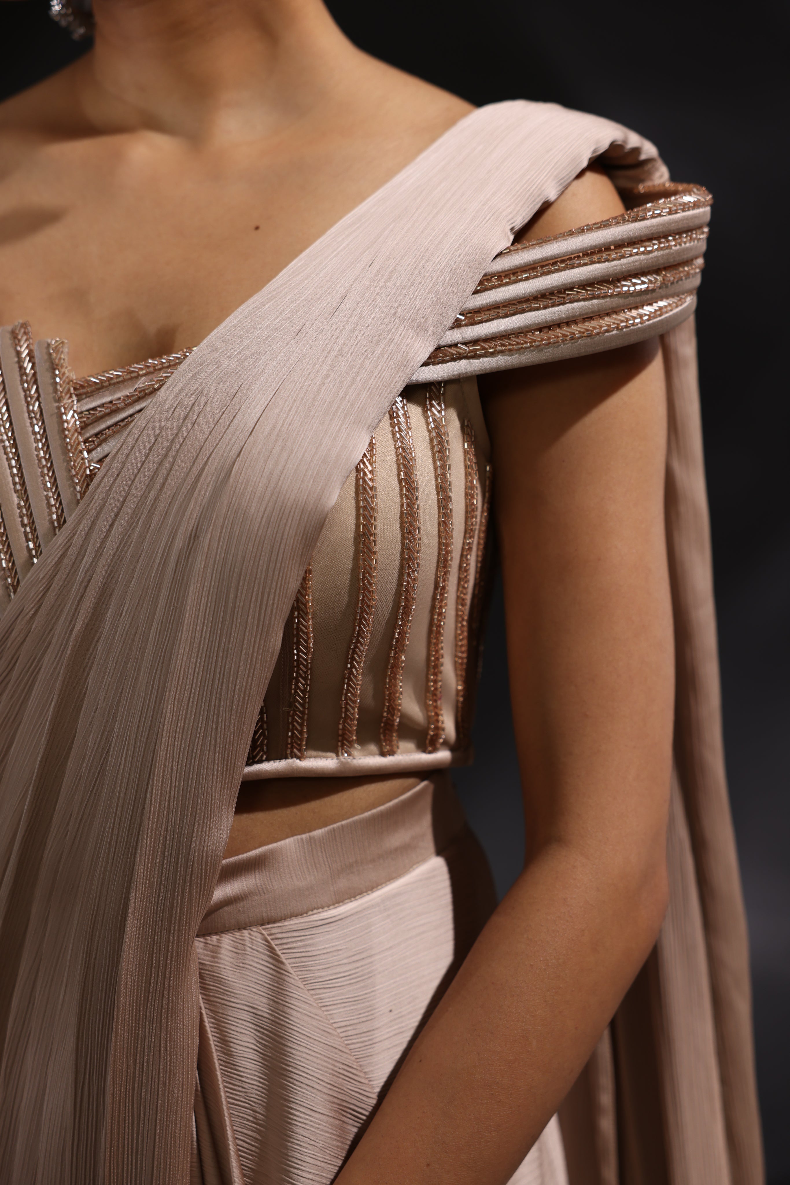 Mocha embellished pre draped saree