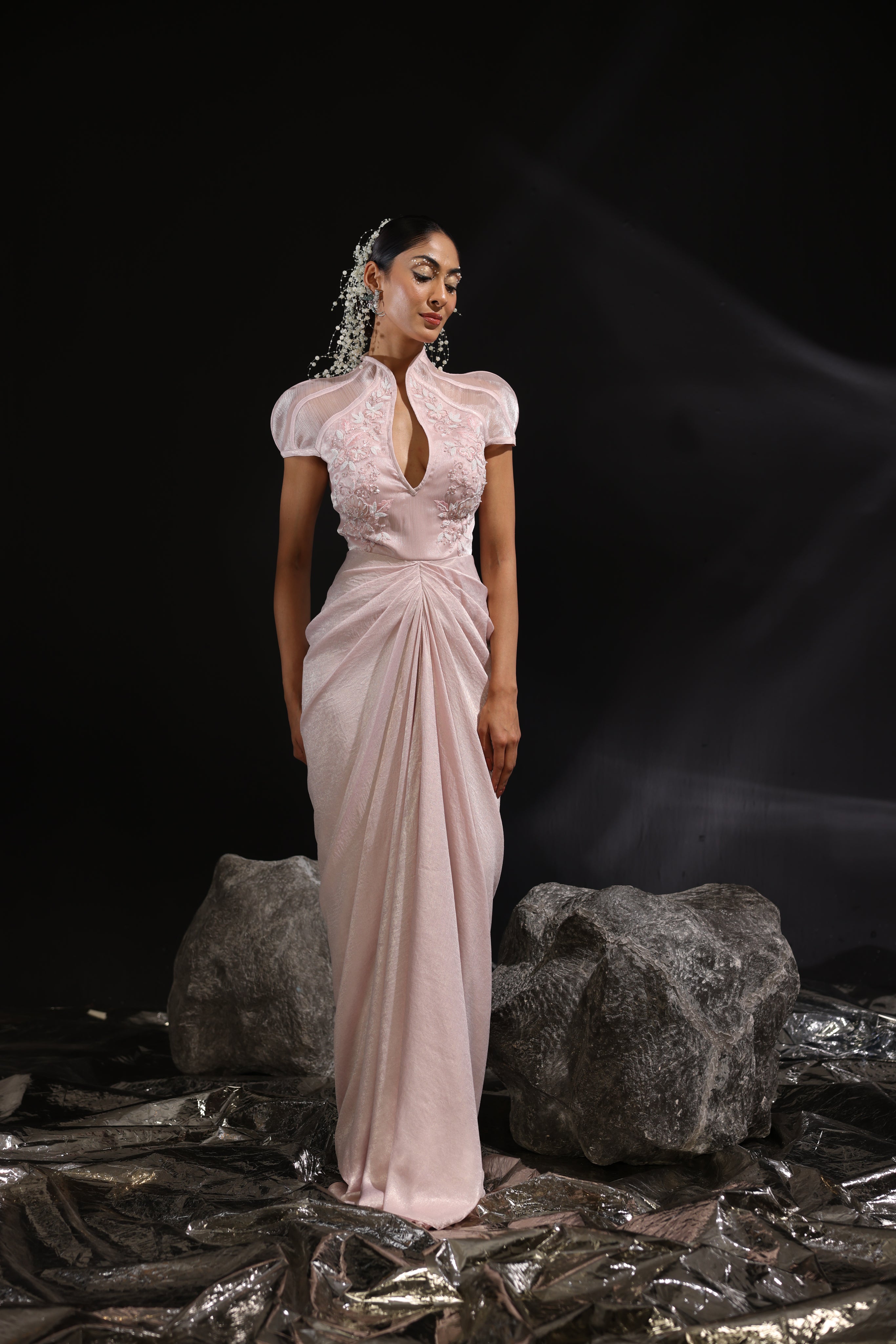 Blush pink corseted pre draped saree