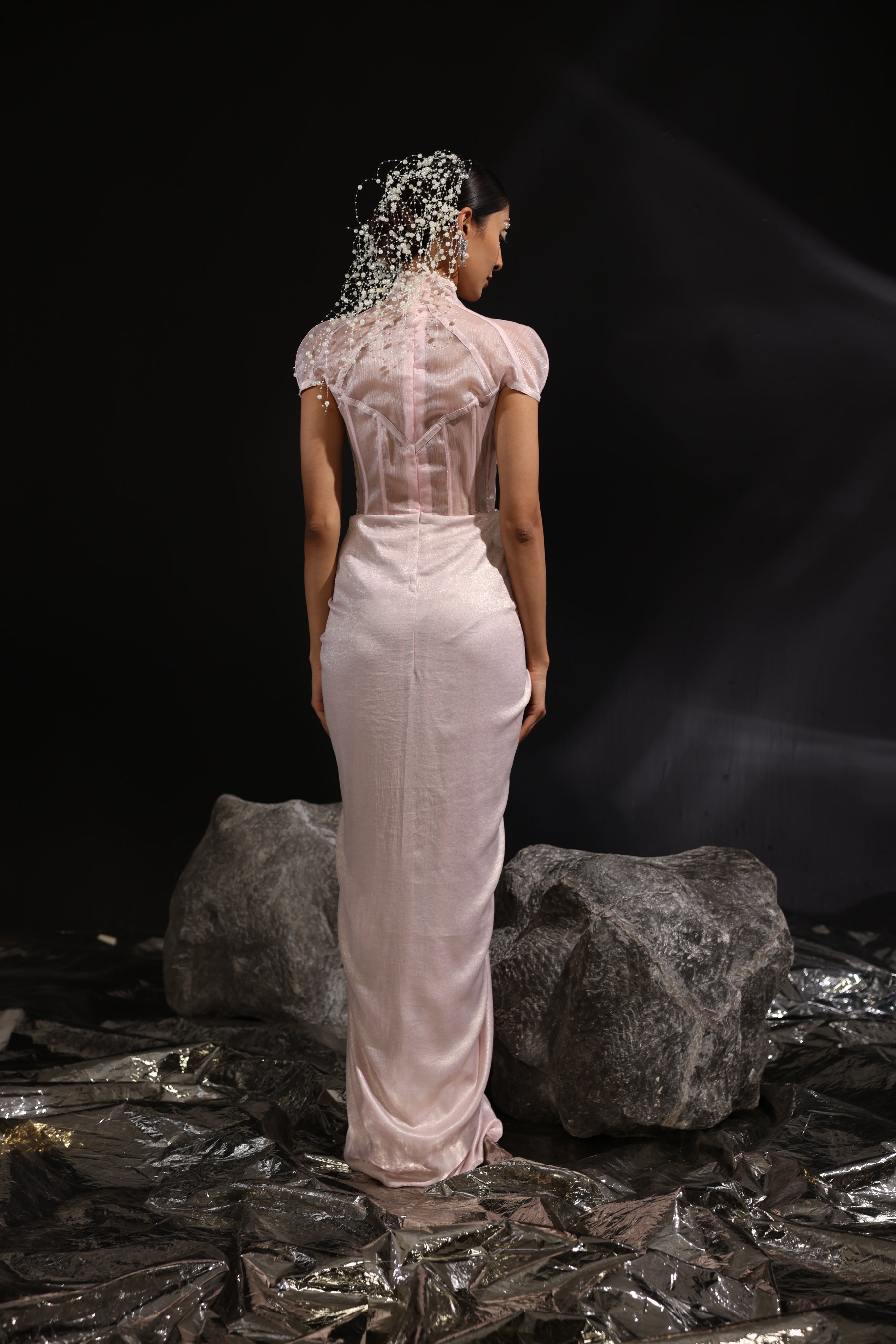 Blush pink corseted pre draped saree