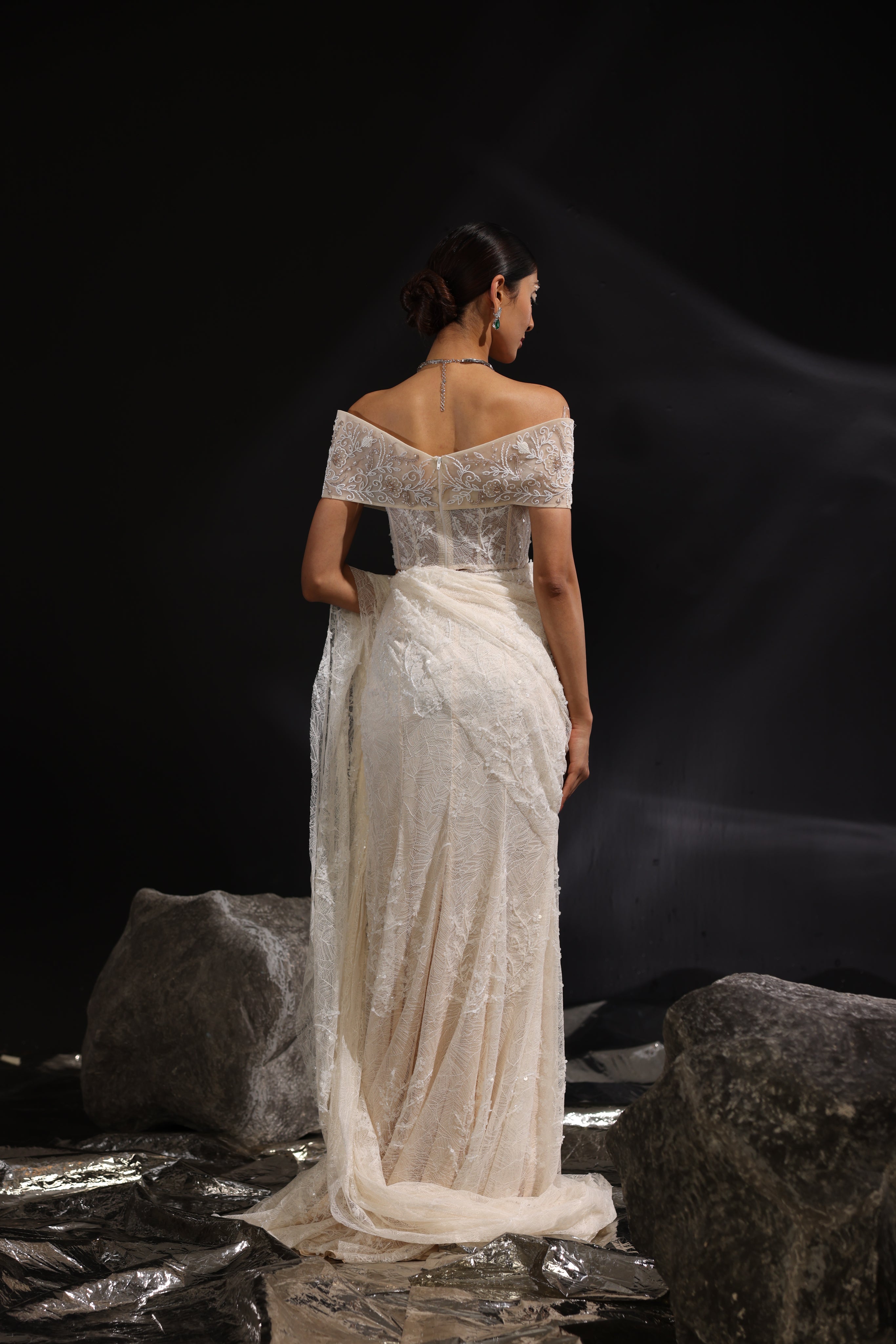 Ivory off shoulder pre-draped fish cut saree