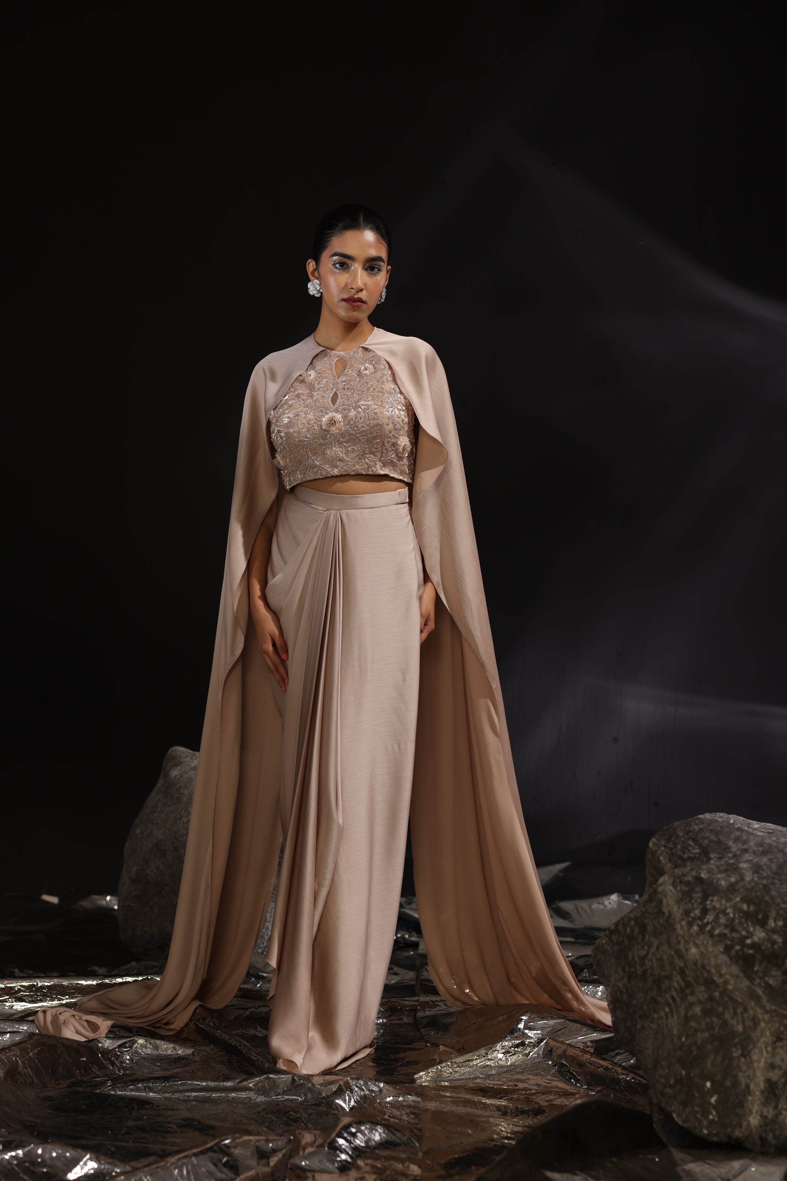 Mocha embroidered cape top with draped skirt