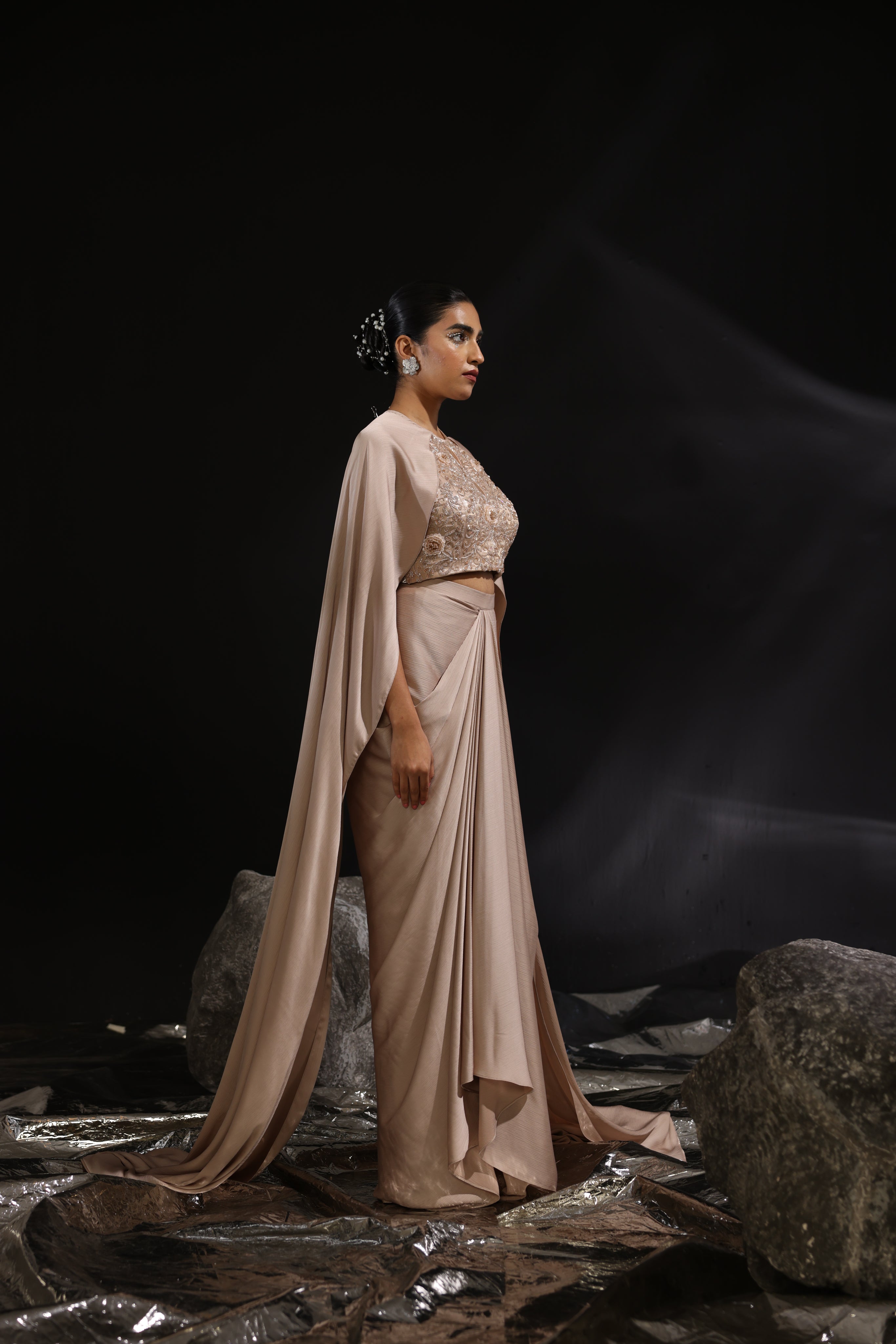 Mocha embroidered cape top with draped skirt