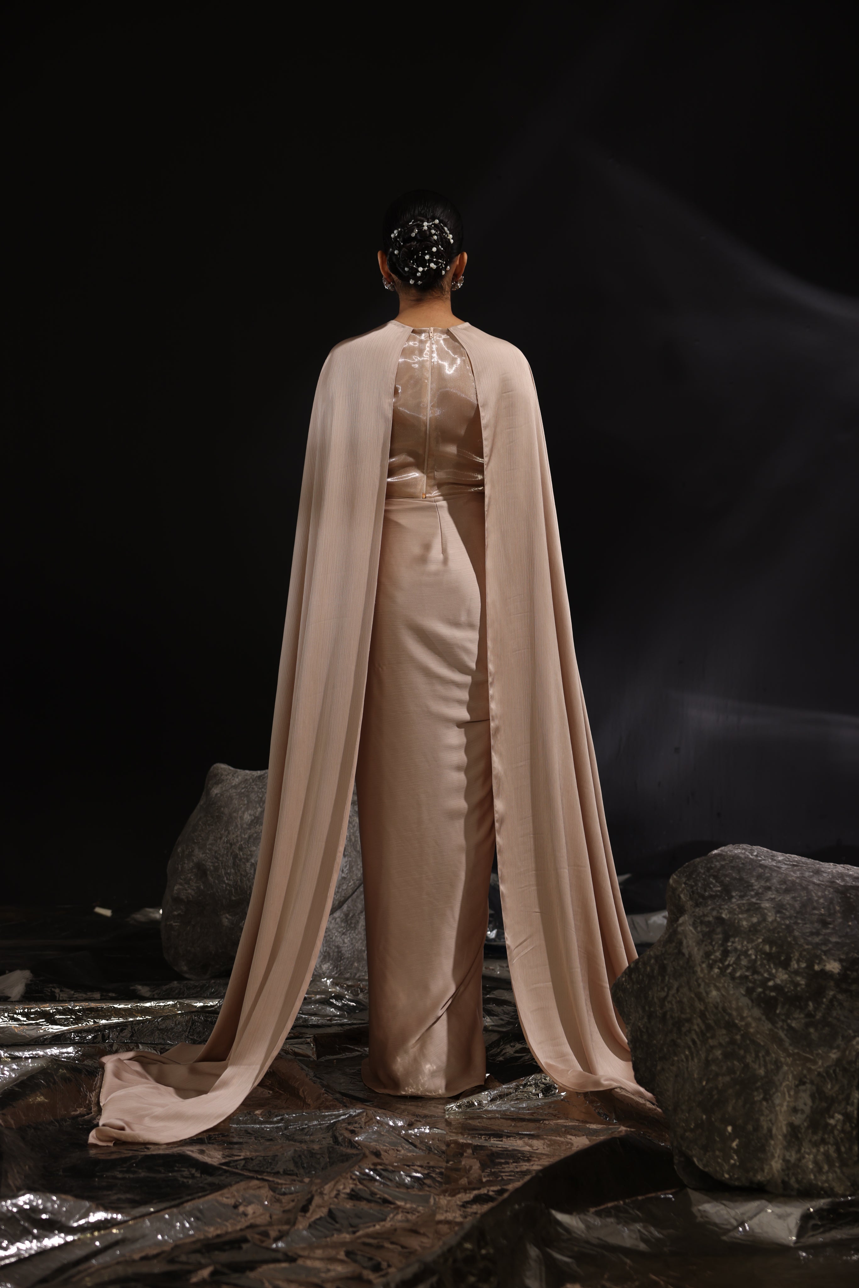 Mocha embroidered cape top with draped skirt