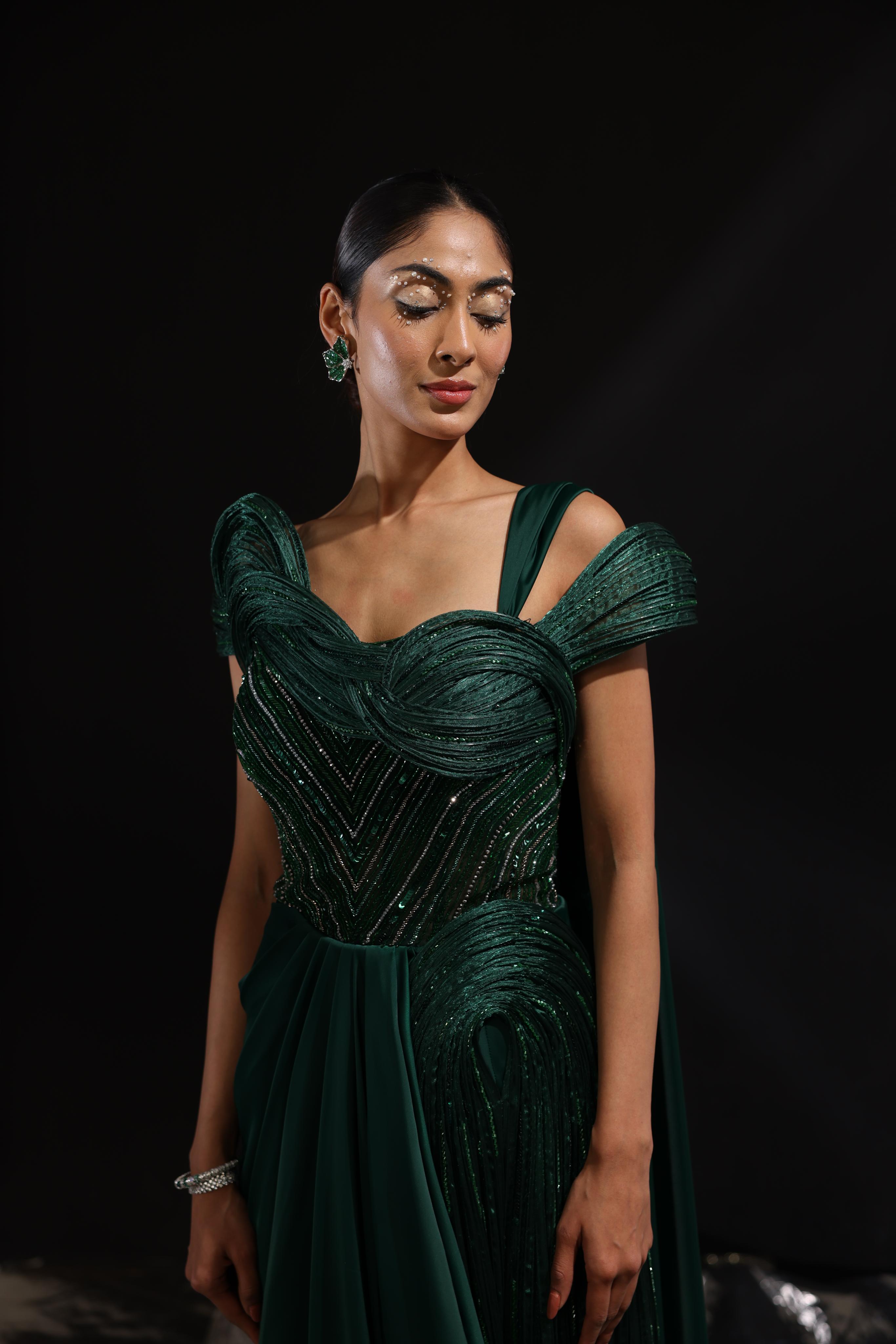 Satin & Glazed organza draped saree