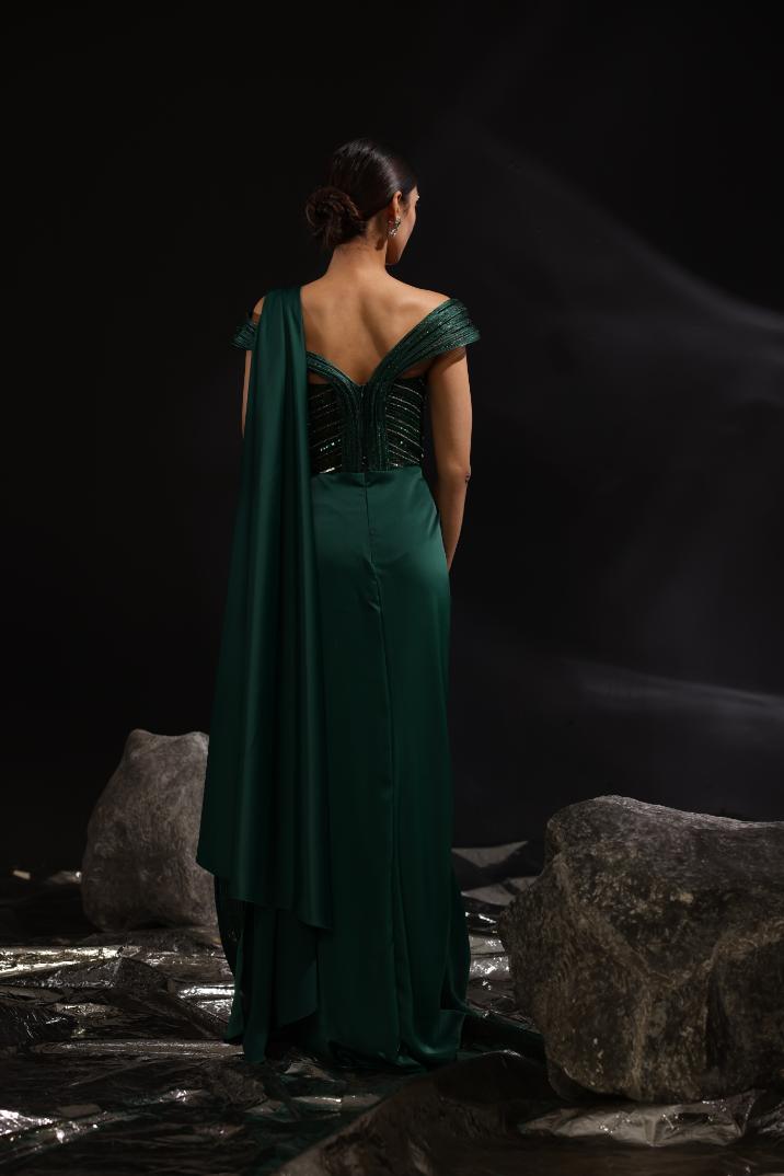 Satin & Glazed organza draped saree
