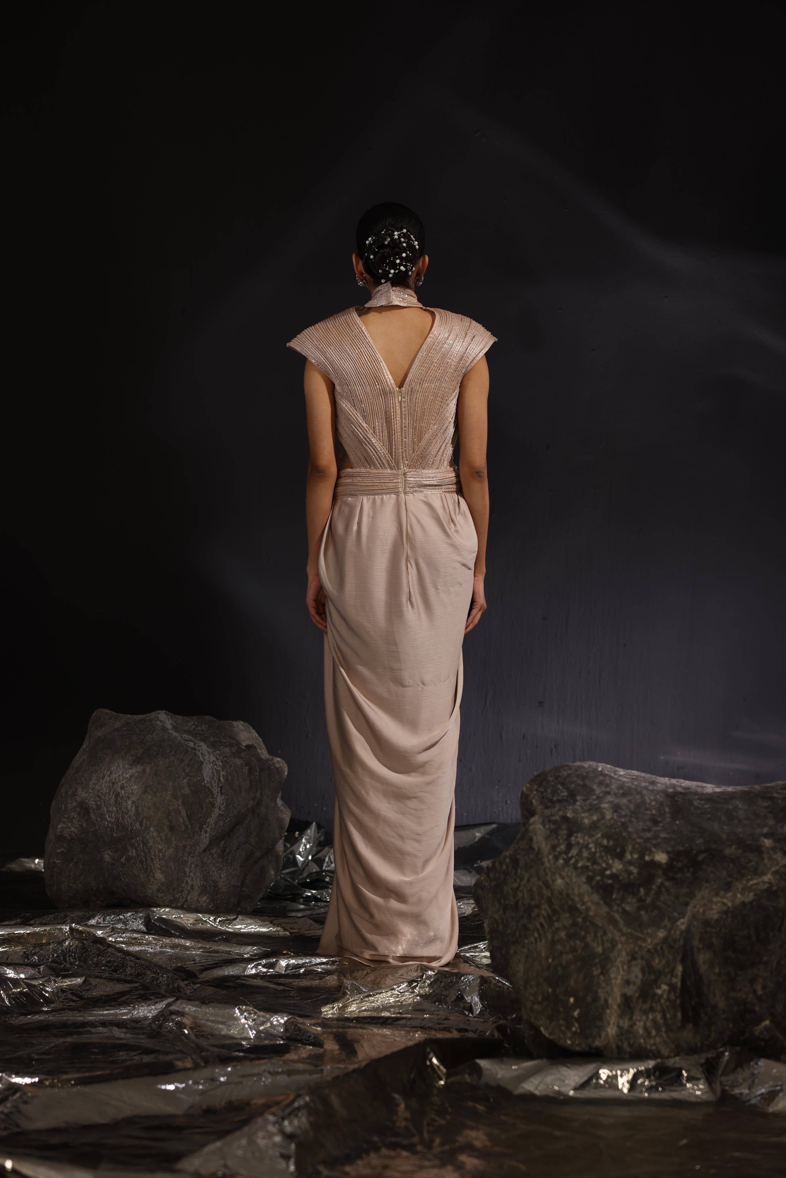 Mocha embroidered draped saree