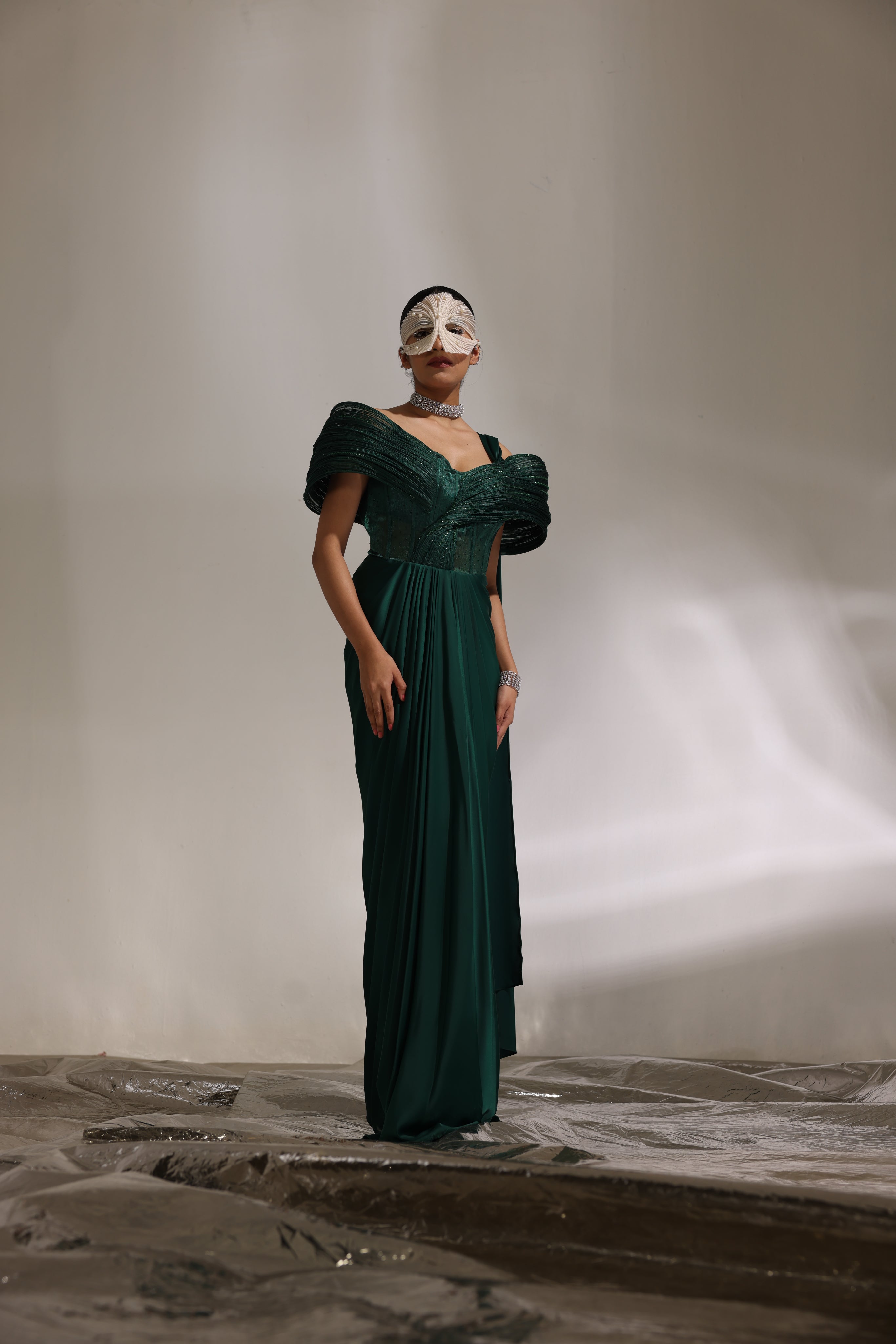 Forest green structured draped saree