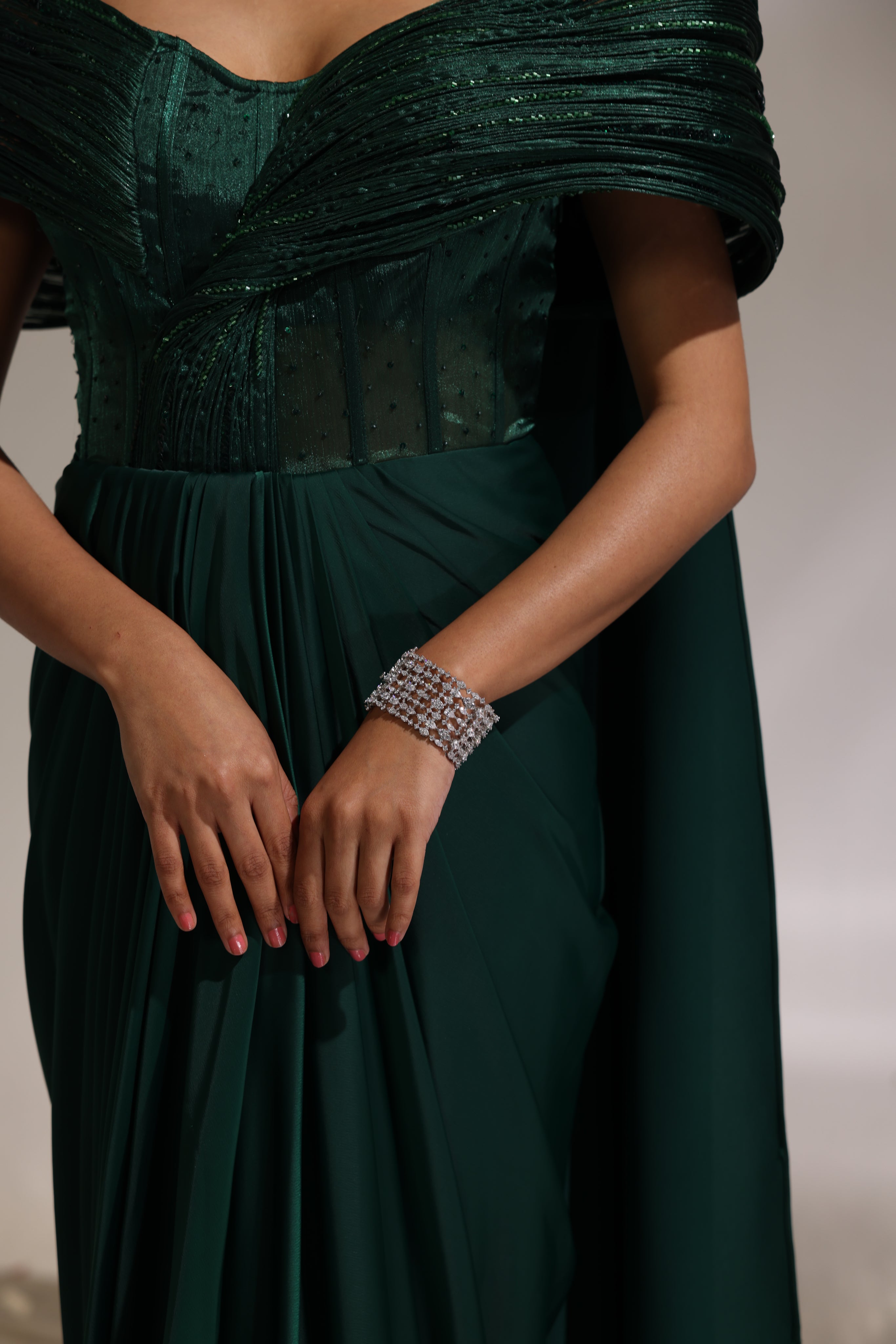 Forest green structured draped saree