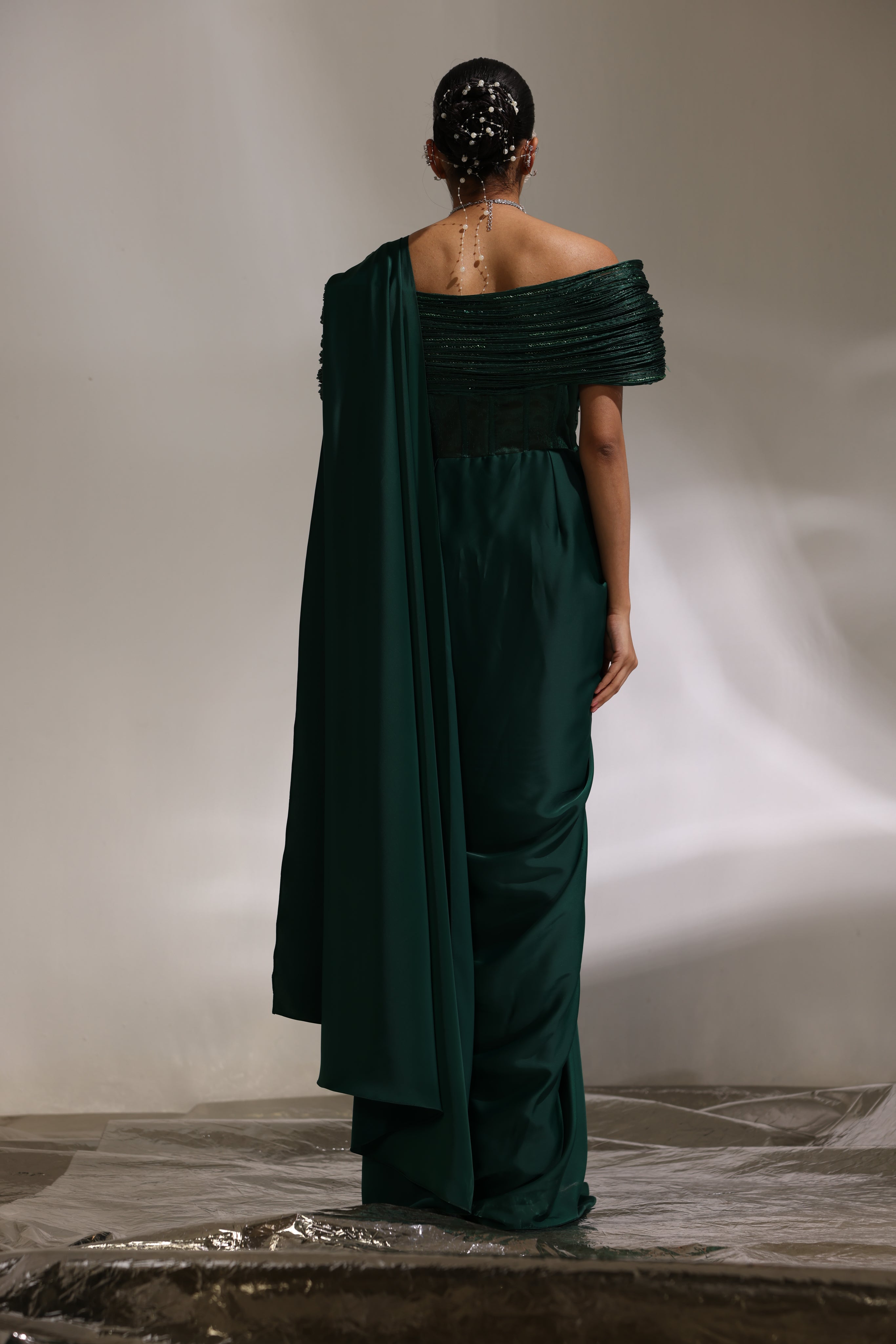 Forest green structured draped saree