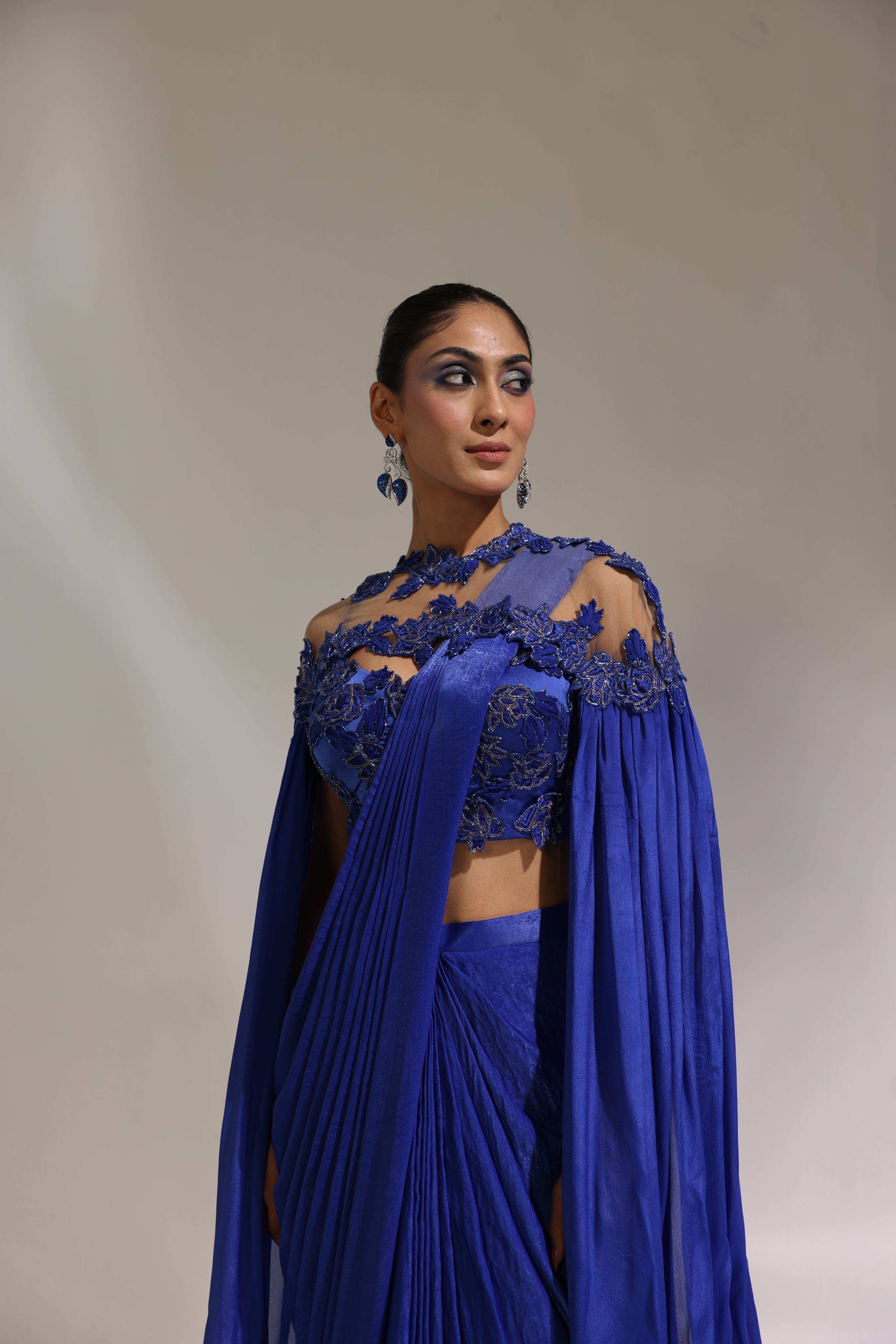 Abyss Blue pre draped saree with cape