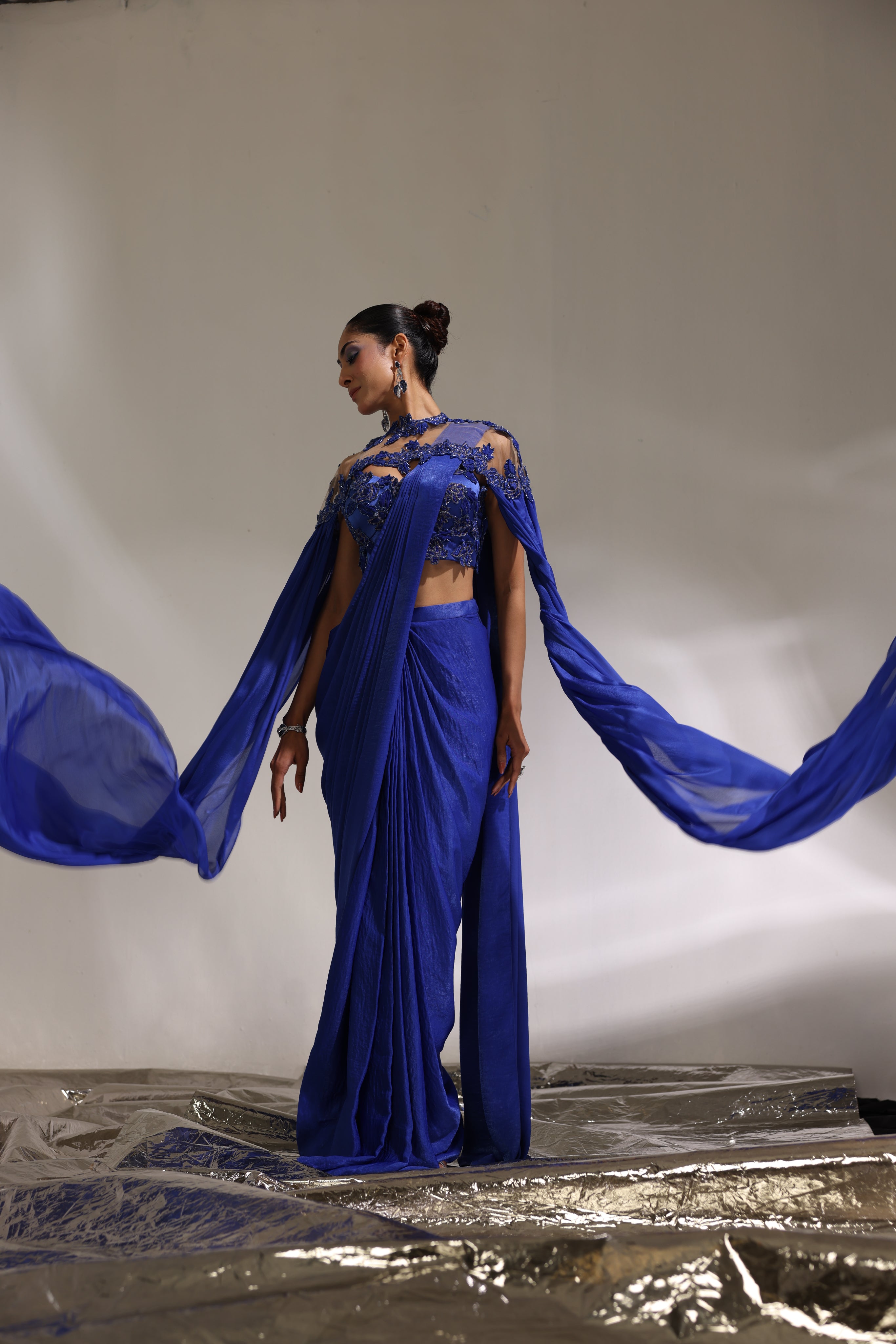 Abyss Blue pre draped saree with cape