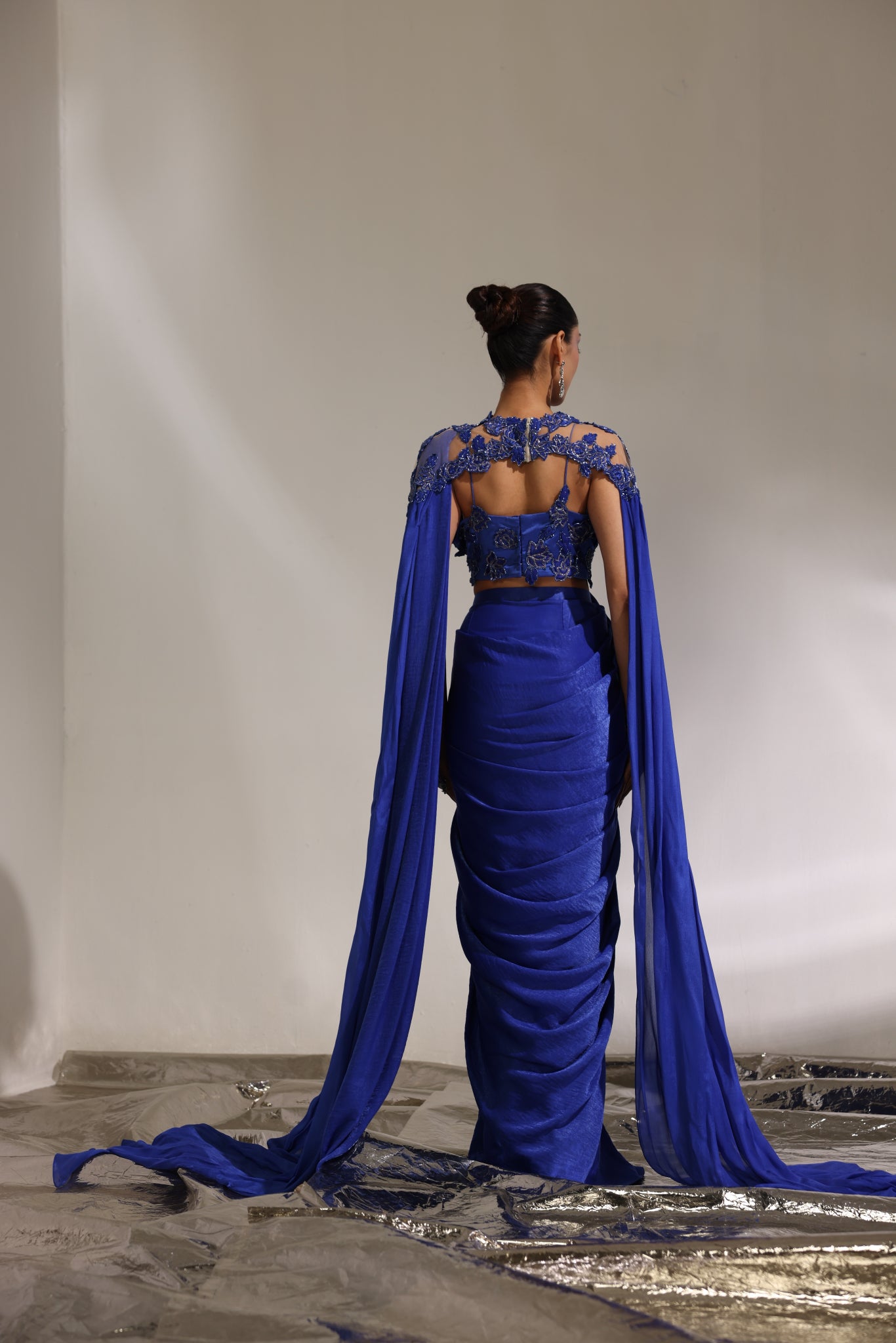 Abyss Blue pre draped saree with cape