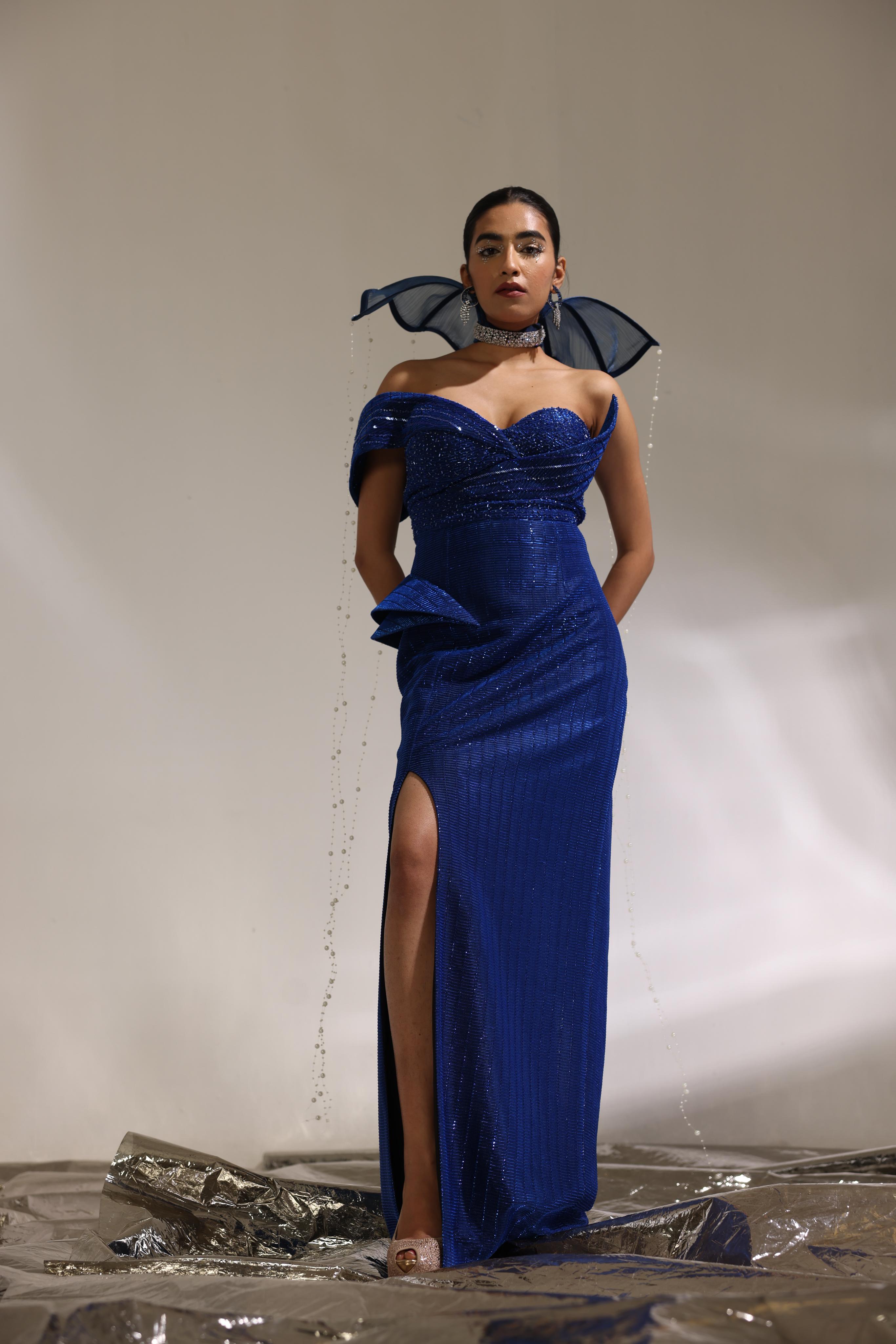 Sapphire off shoulder embroidered slit gown