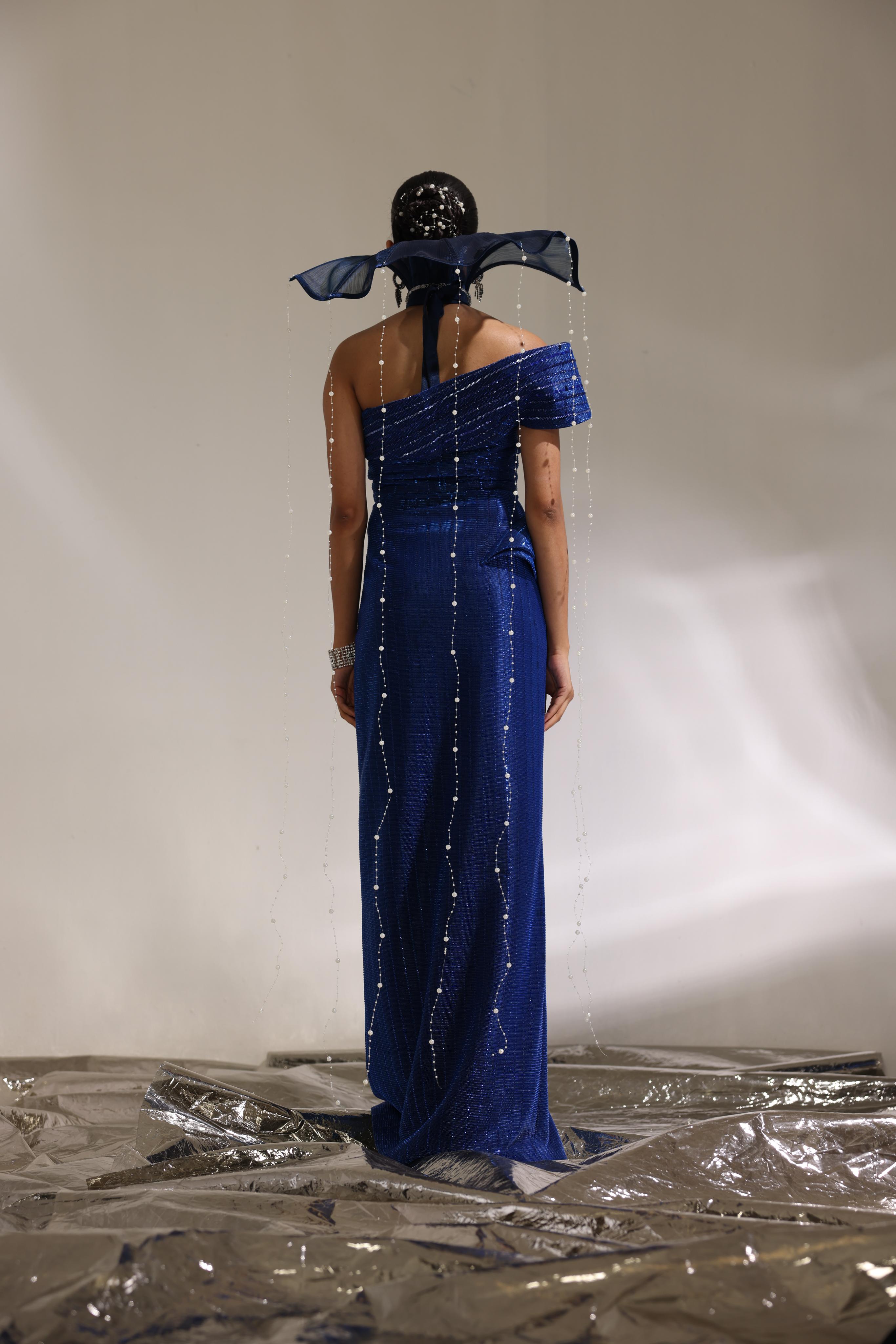 Sapphire off shoulder embroidered slit gown