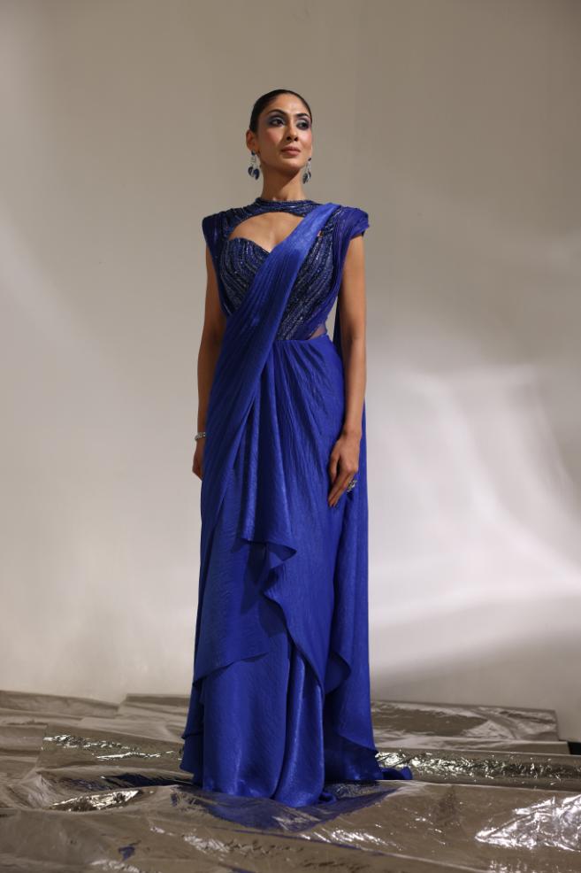 Abyss blue sculpted sleeve draped saree